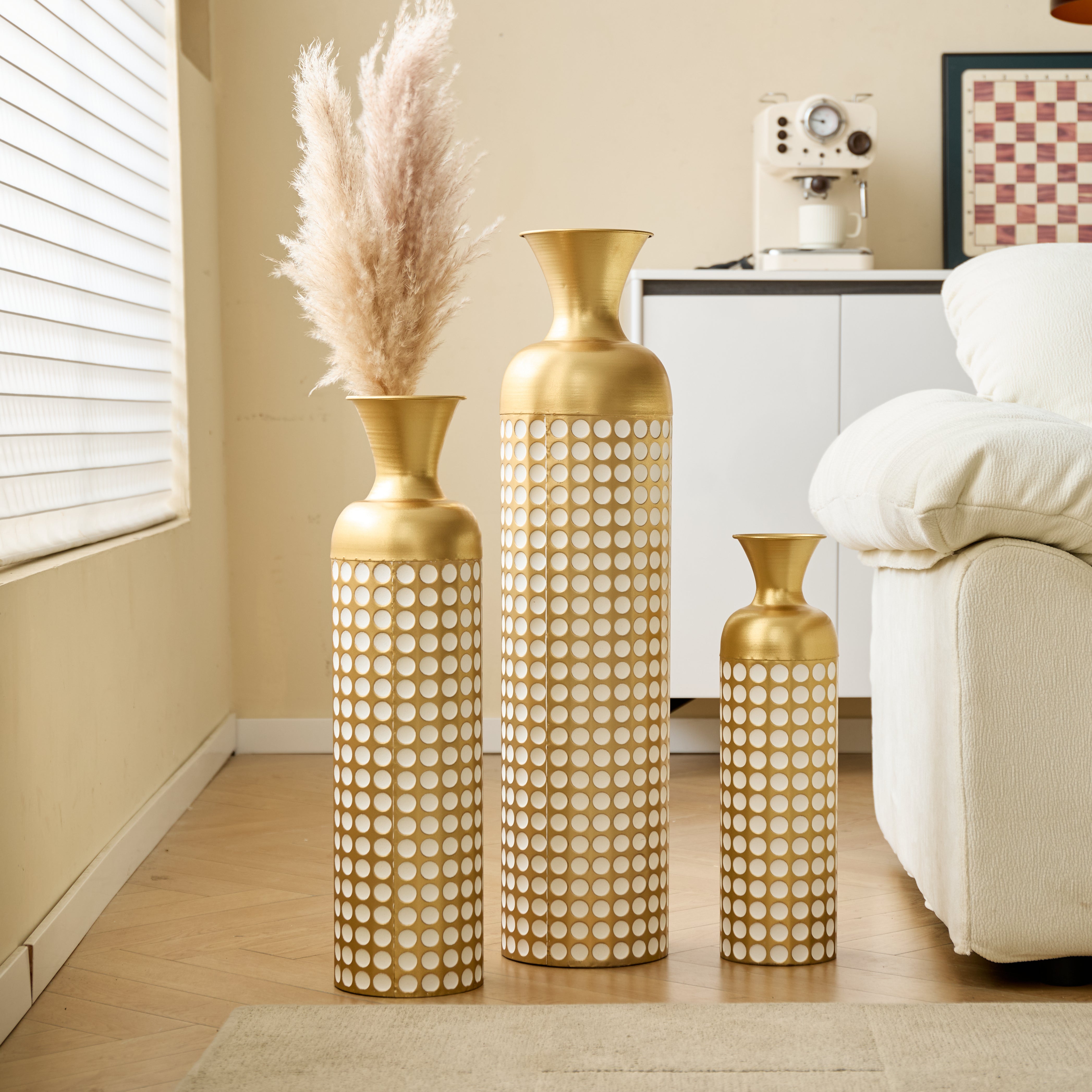 Floor Vase Set, 3 High Retro Vases 83/65/50cm, Decorative Metal Antique Gold