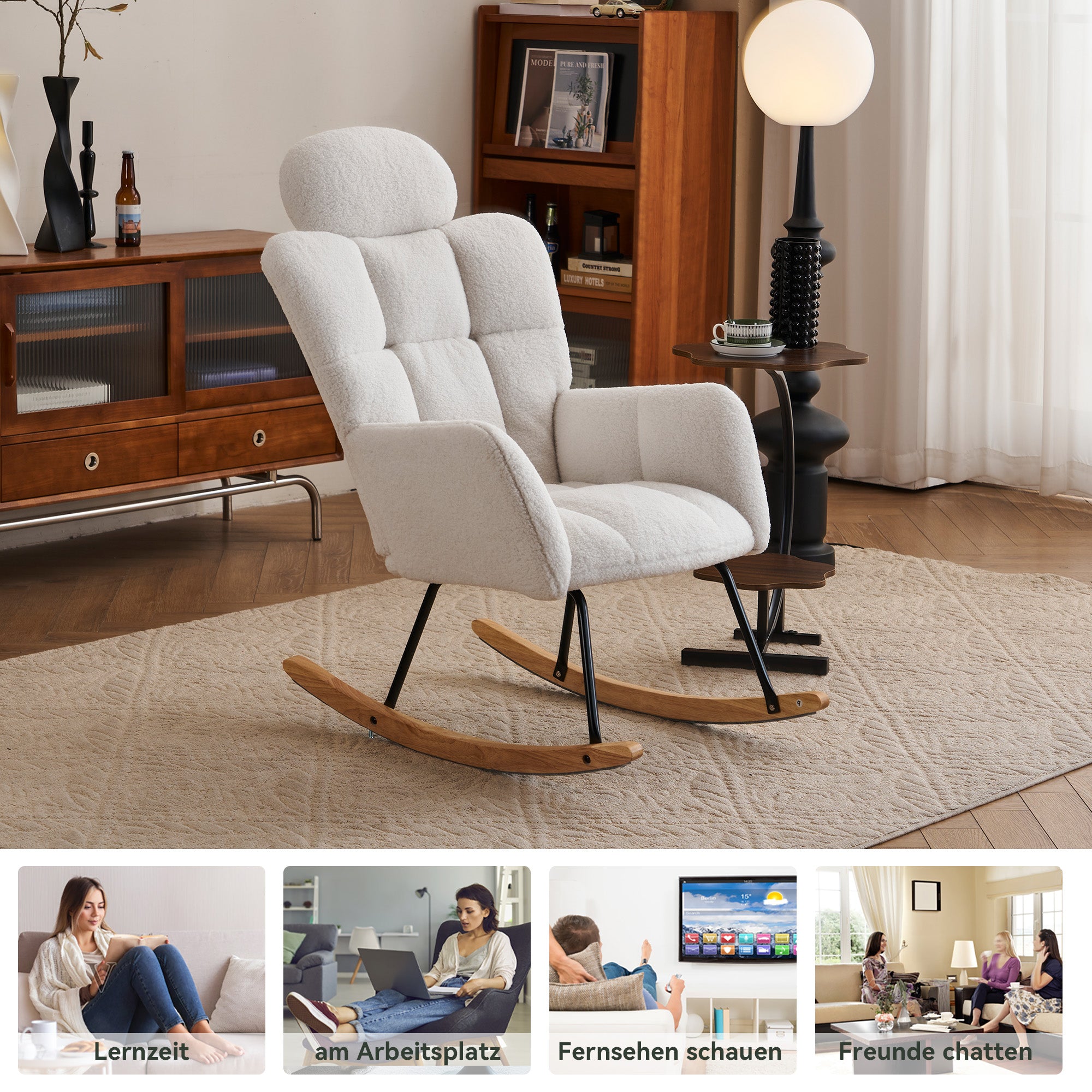 055 Rocking Chair, Tufted Upholstered Seat, White