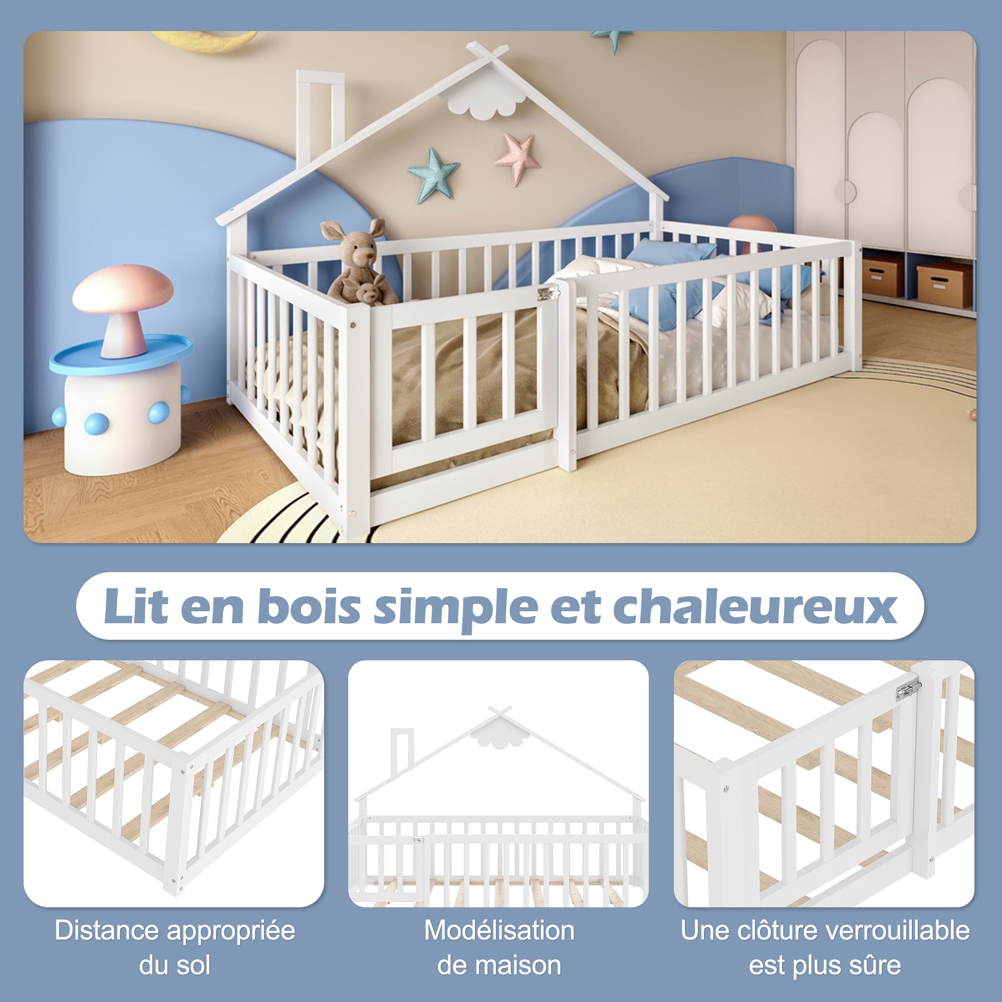 Flatbed 90x190cm House Rail Lock - Pine Wood White