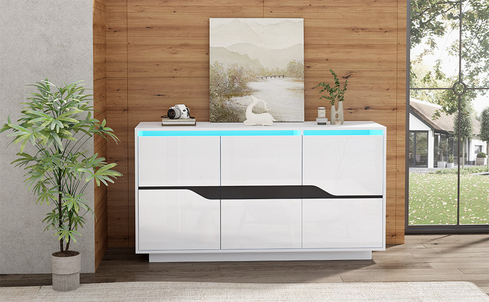 Sideboard, Living Room 140x40x76cm with 3 Doors, Adjustable Dividers, LED, White & Black