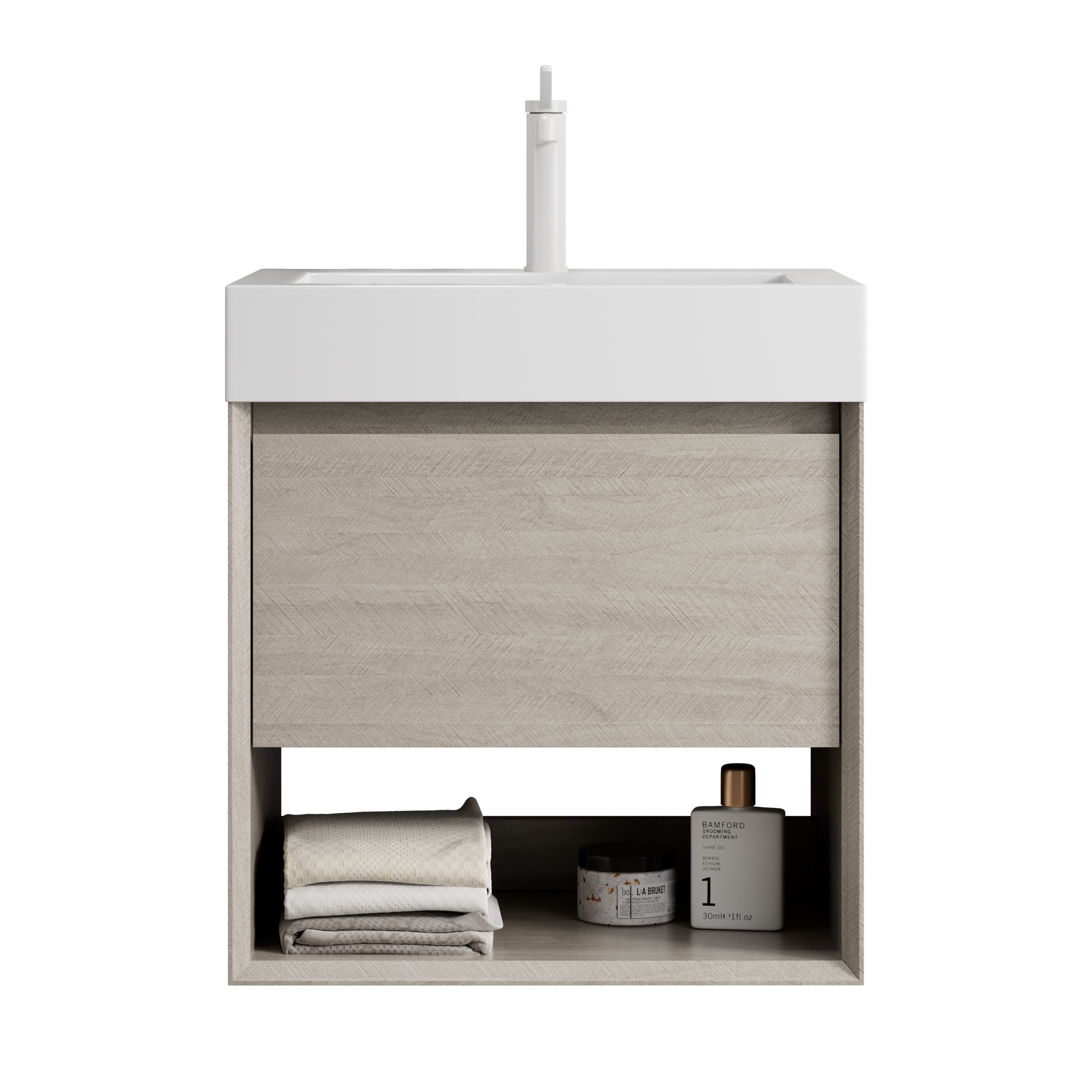 Wall-Mounted Bathroom Vanity Unit with Resin Basin and Storage, Light Oak Wood Grain Plywood