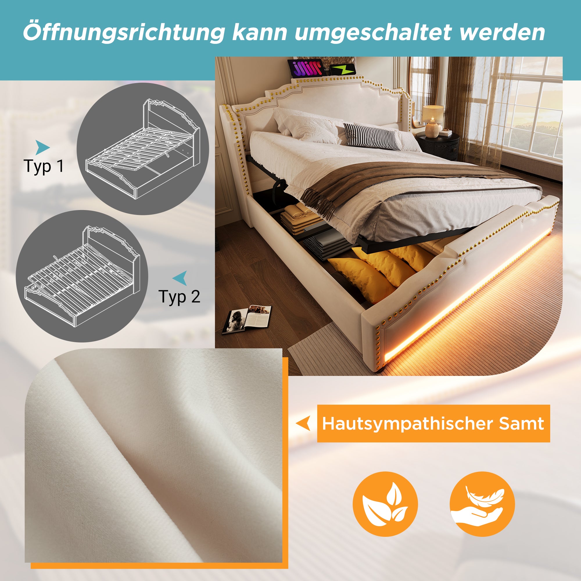 Upholstered Bed 140x200, Hydraulic Storage, LED, USB-C, Velvet Beige