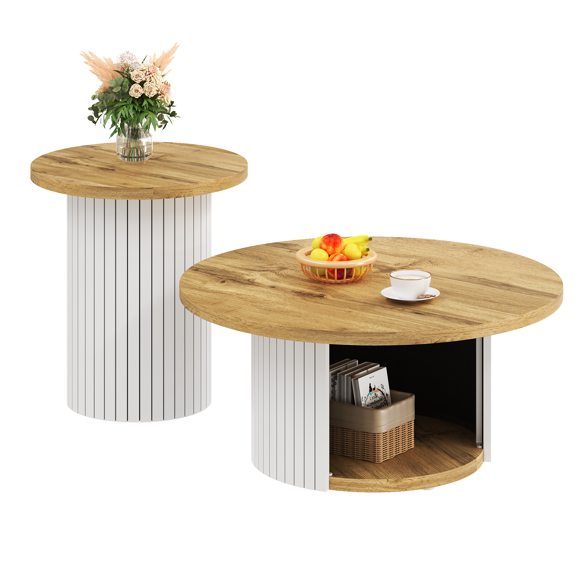 Coffee Table Double Round Multifunctional Natural Wood Slats