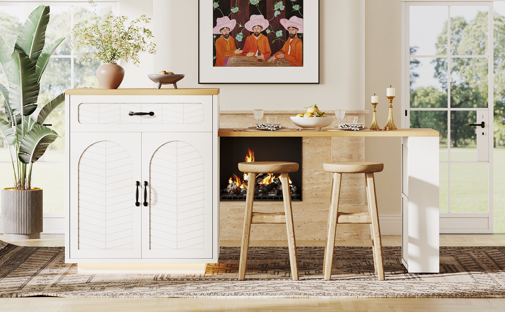 Kitchen Island with Pull-out Table and Storage, 2 Drawers and 4 Doors, Black/White