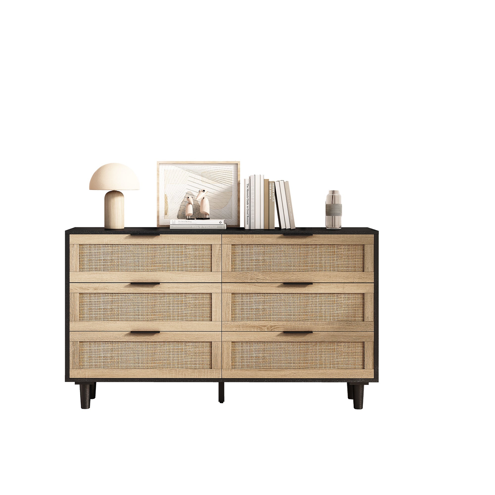 Rattan Storage Cabinet, 130CM 6-Drawer, Black