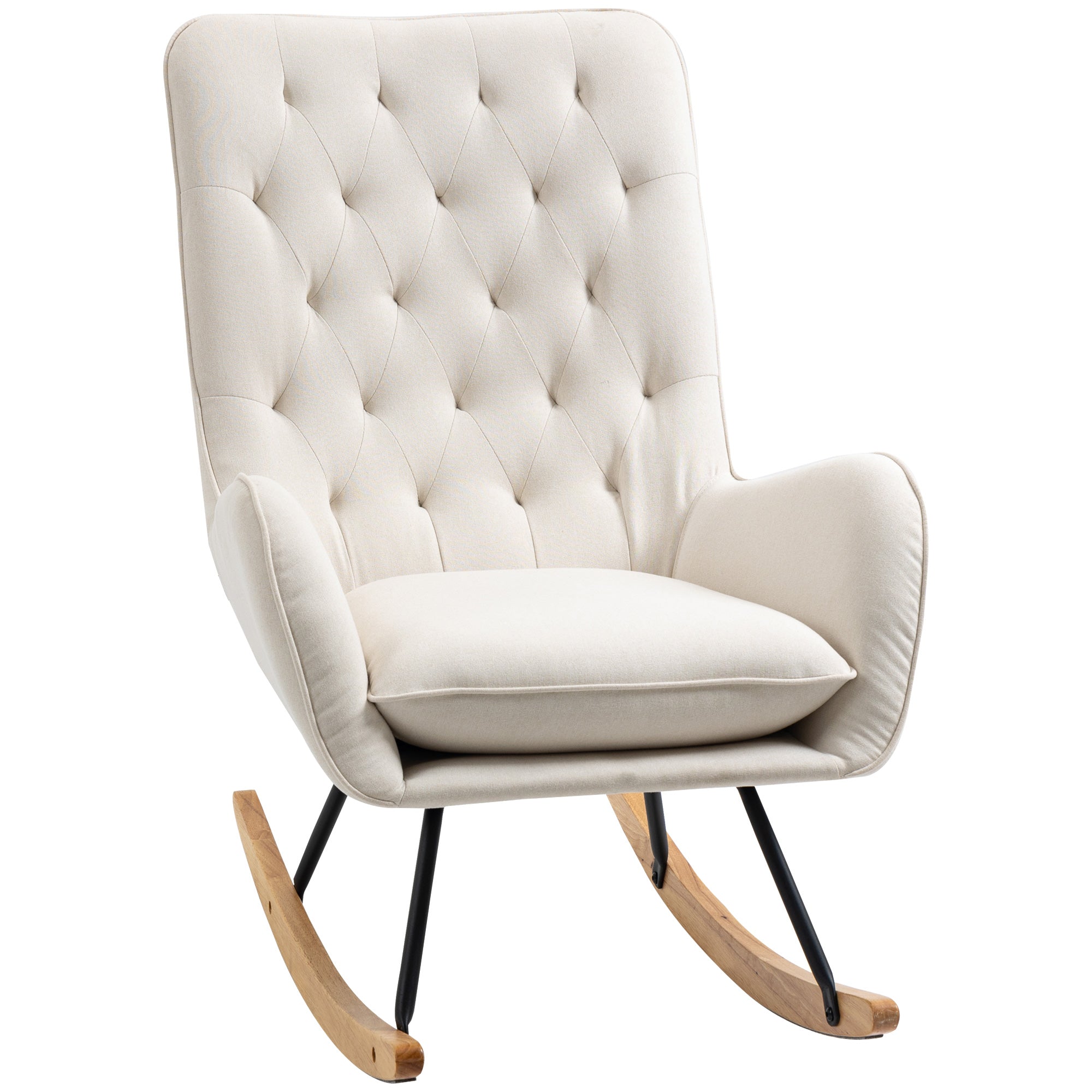 Rocking Chair Recliner Swivel Wooden Metal Frame, Cream-White Linen