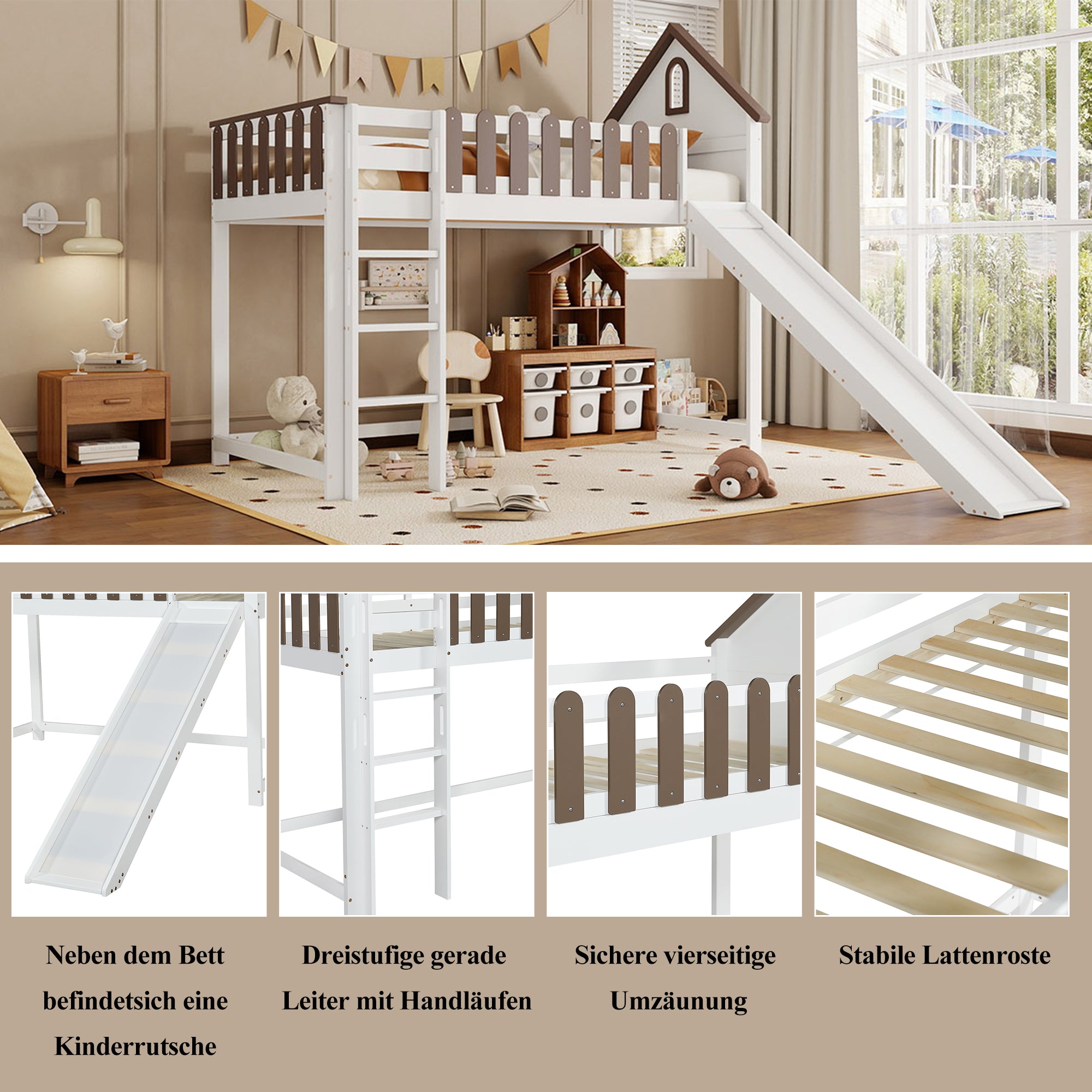 Loft Bed, Roof & Window, 3-Step Ladder, Slide, Pine+MDF, White+Walnut