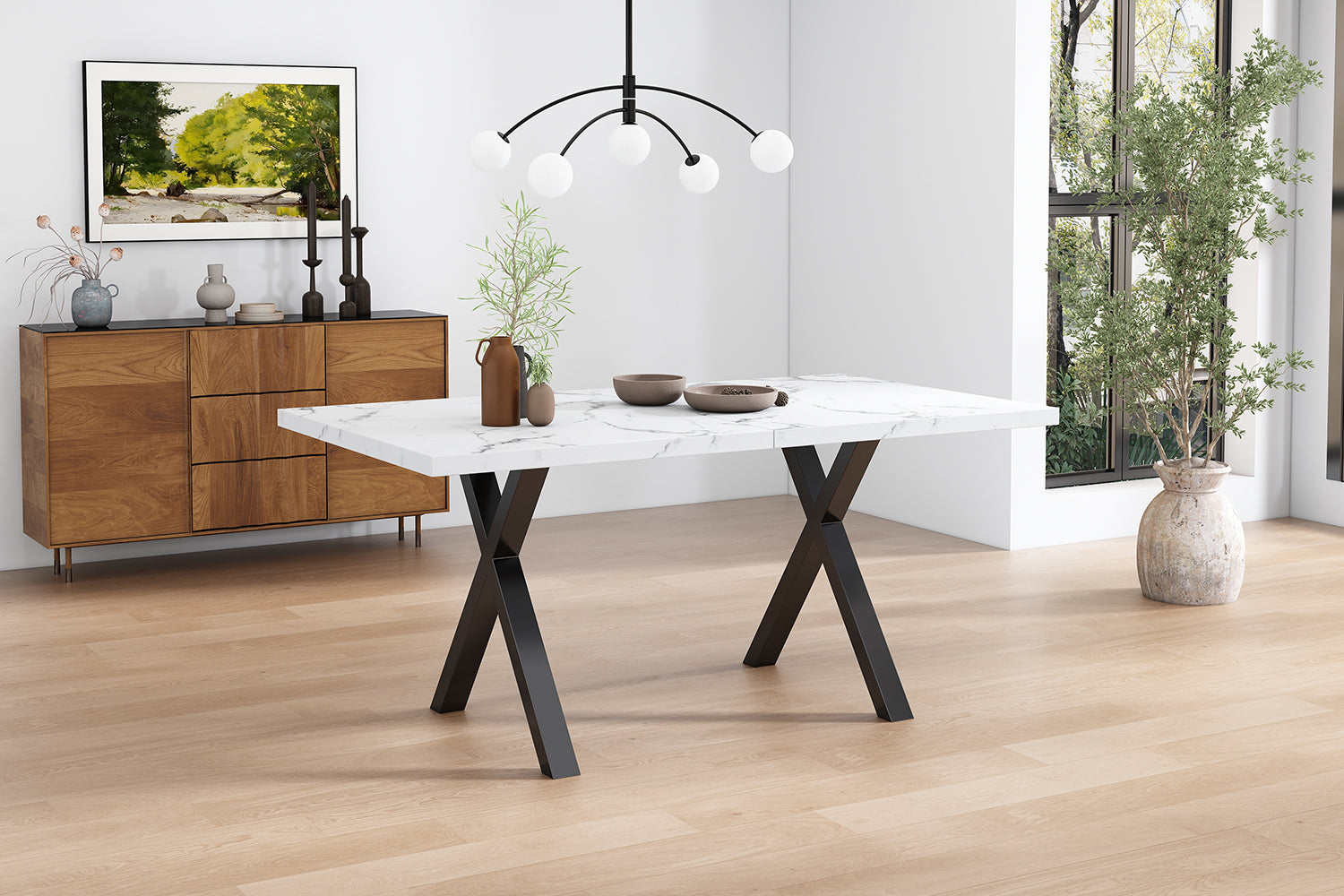 Dining Table Rectangular Crossed Legs Wrought Iron Marble Effect 140x80cm - Black and White