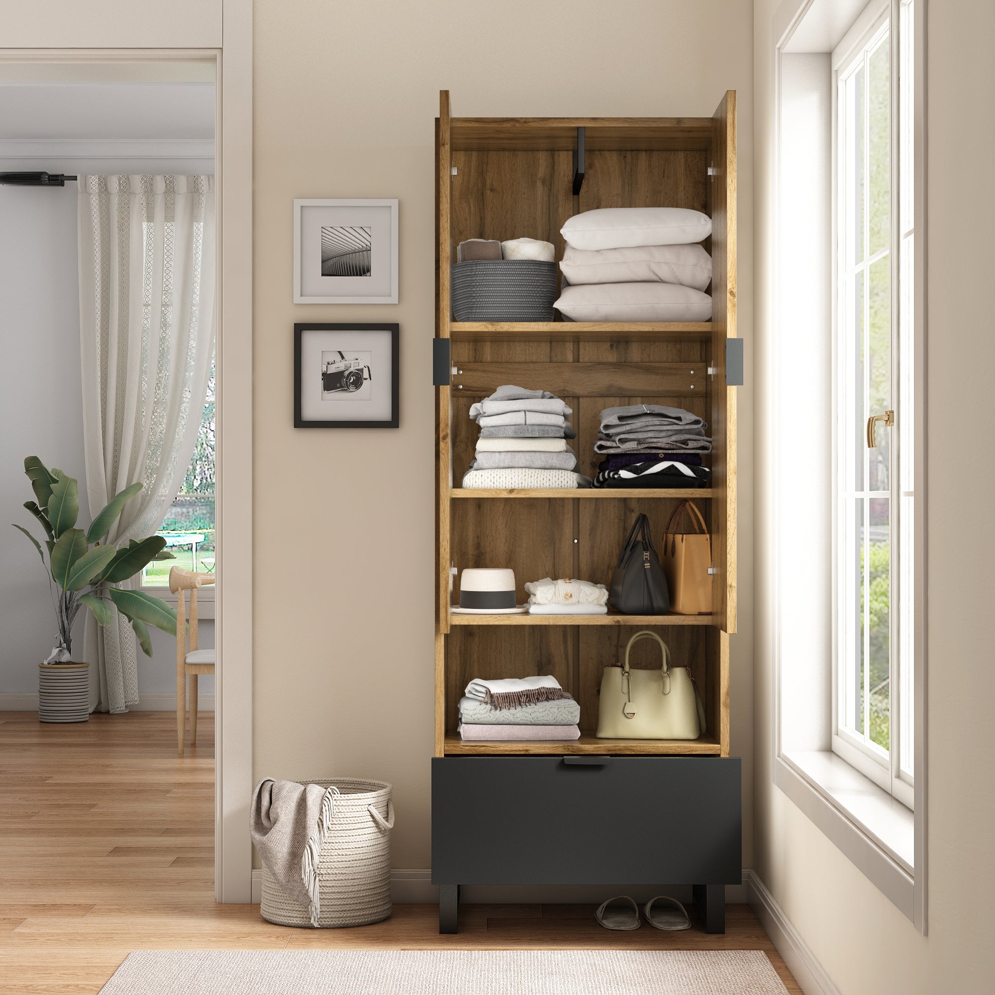 Wardrobe, 1 Drawer, Adjustable Shelves, Clothes Rail, Wood and Black