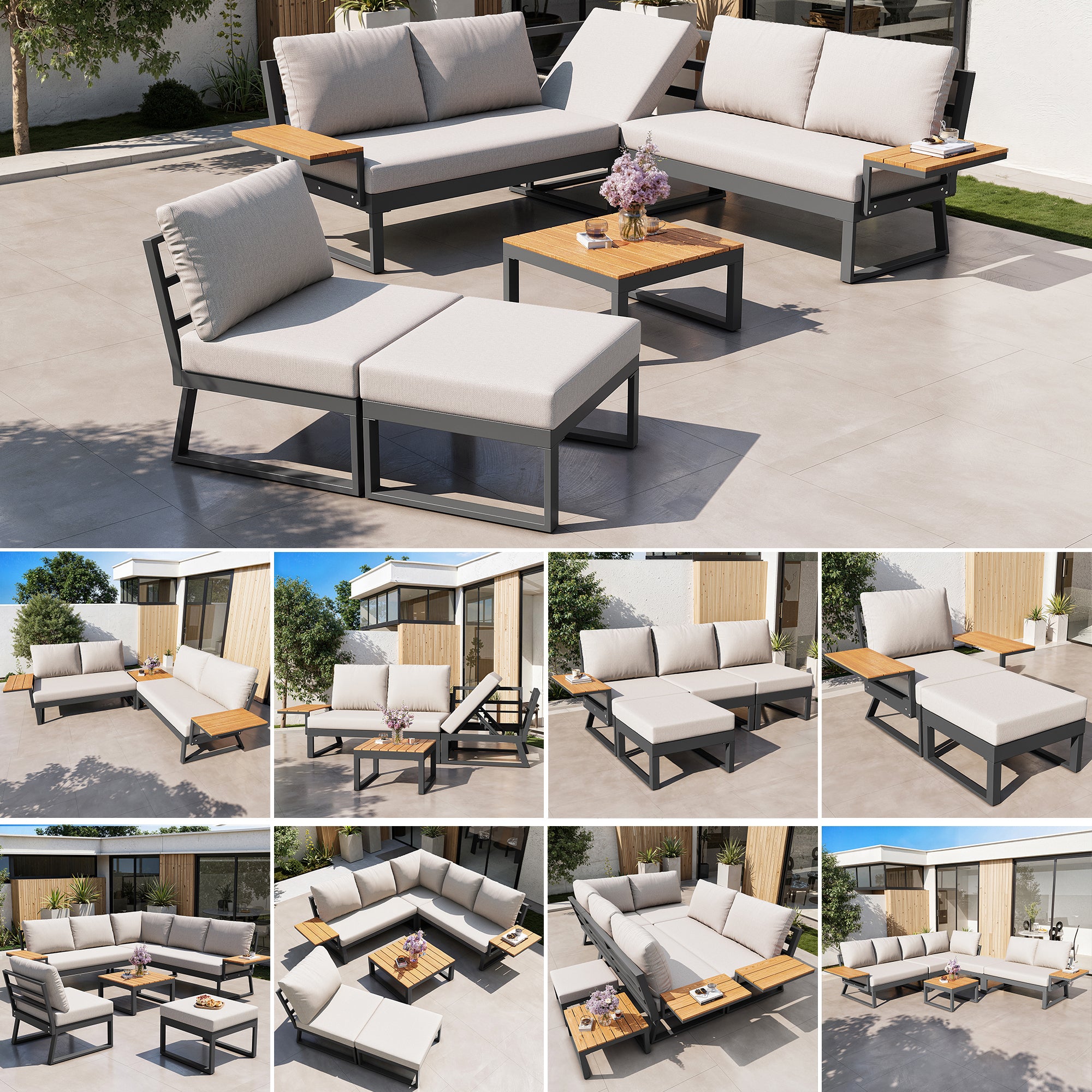L-shaped Garden Sofa Set 7-Seater Lounger with Table Armchair Stool - Grey/Beige