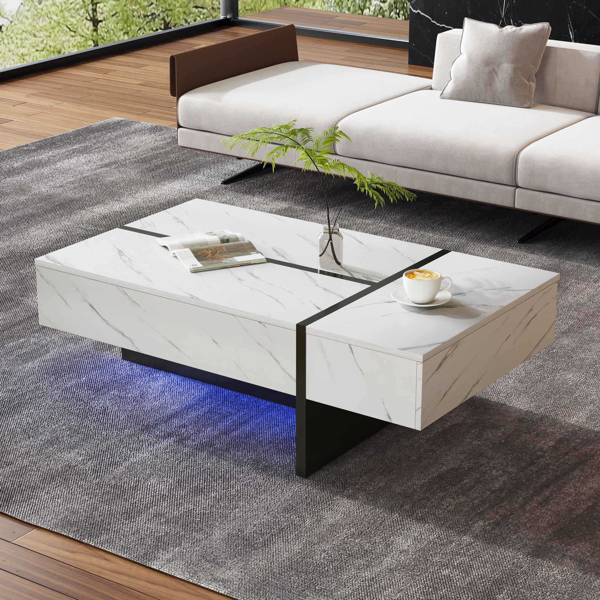 Coffee Table 105x60x35cm Irregular LED High-Gloss Marble - White