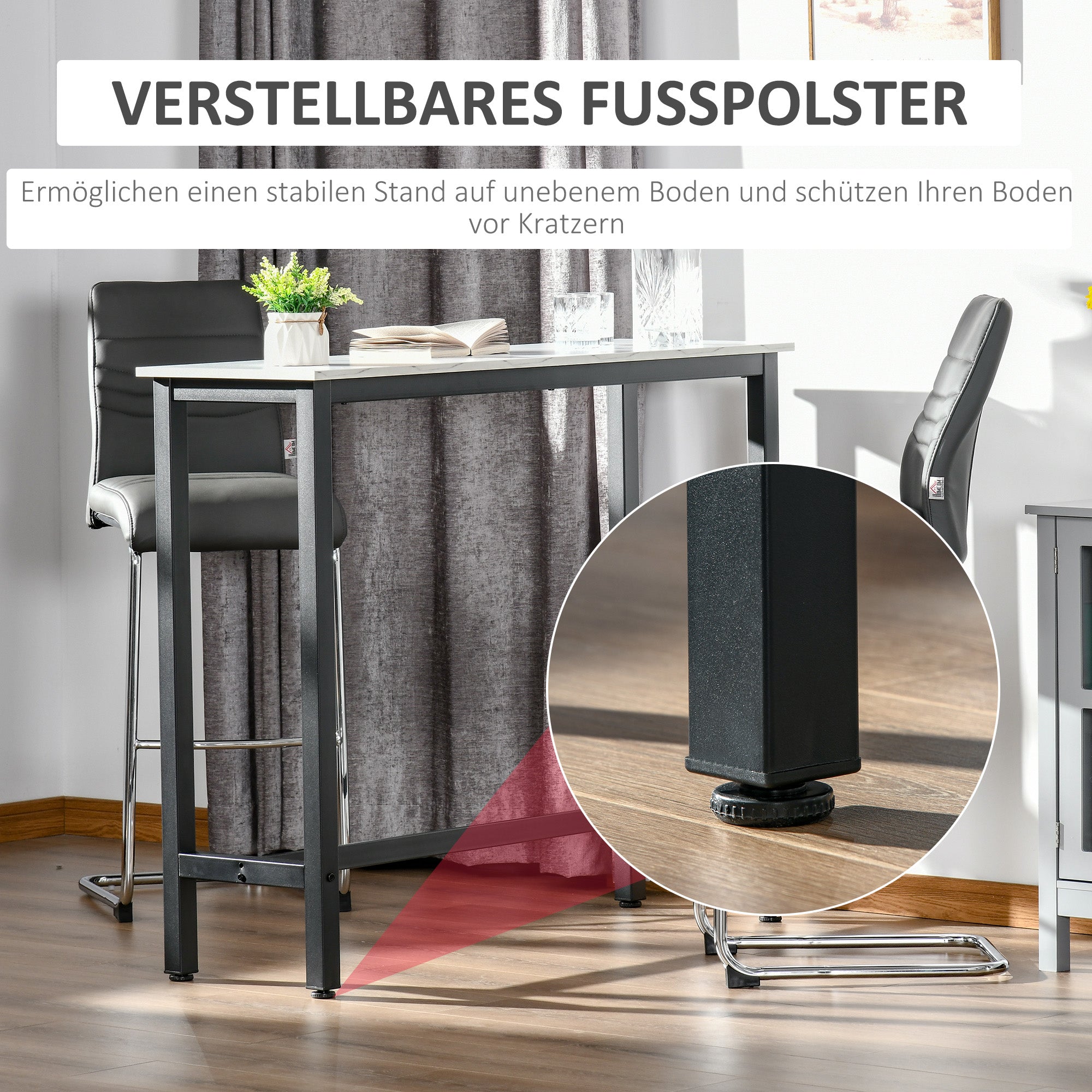 Bar Table, Adjustable Feet, Marble Look, White+Black