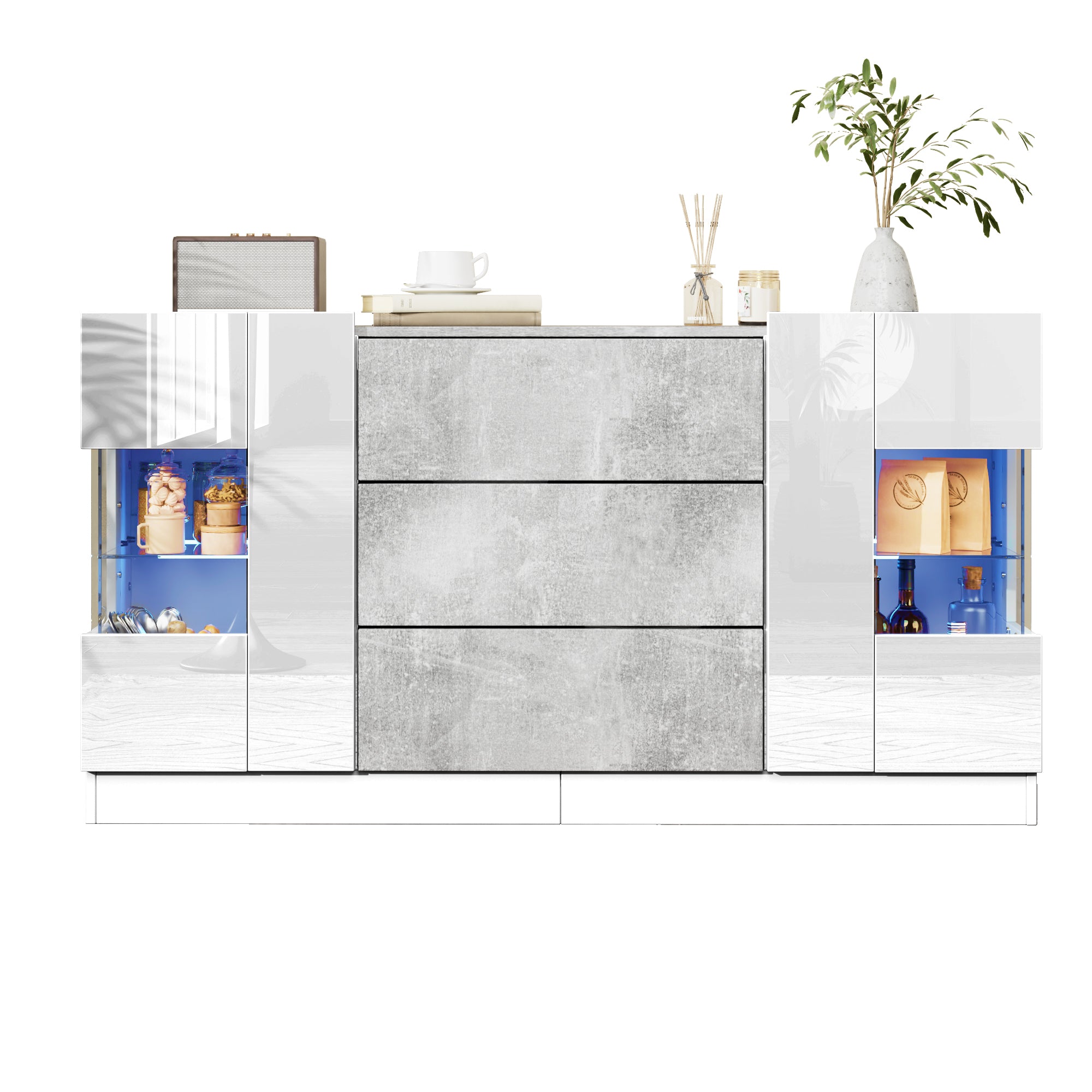 Sideboard, 2 Doors 3 Drawers LED Lighting, High-Gloss White & Grey Marble