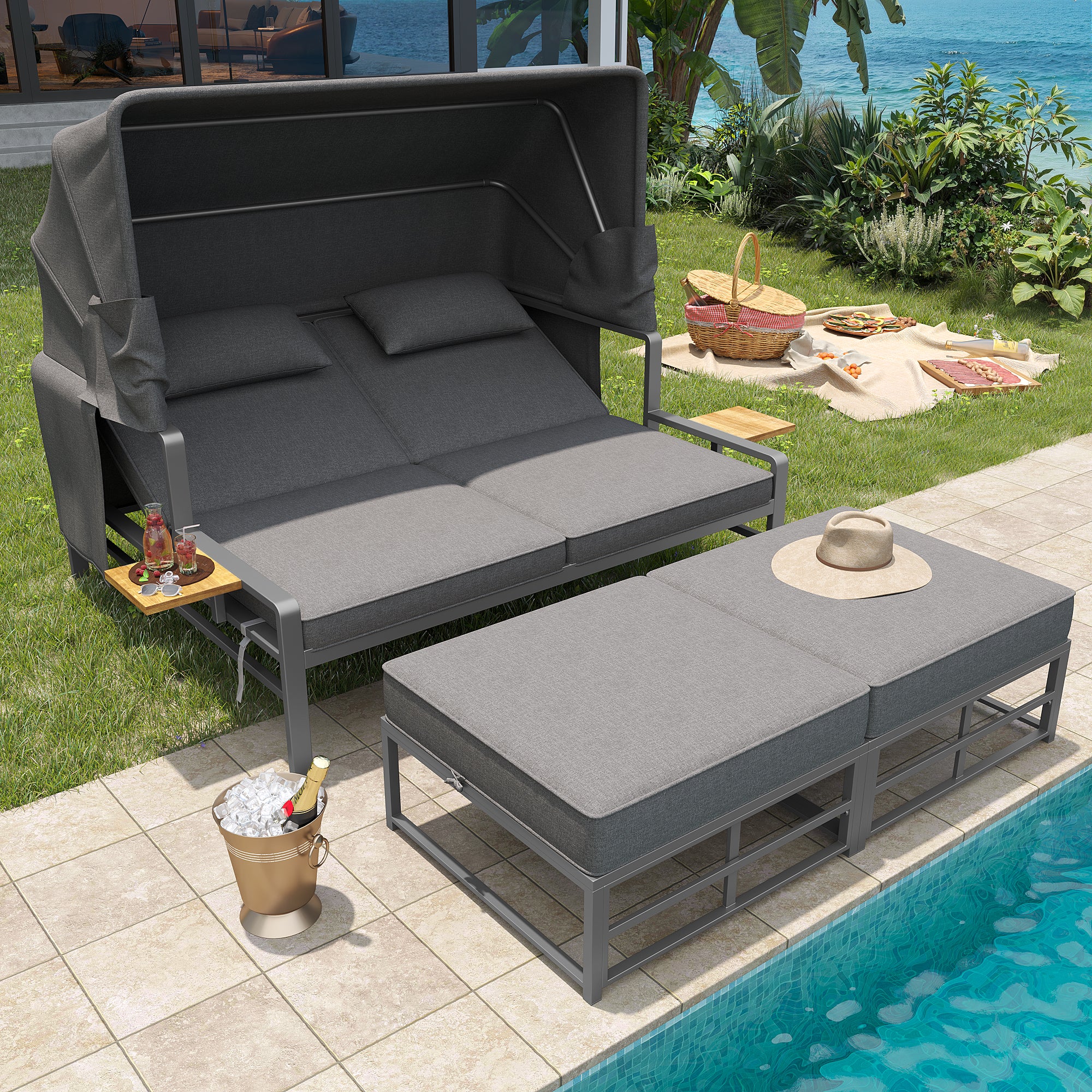 Garden Lounge Set Sun Lounger 2-4 Person with Foldable Sunshade
