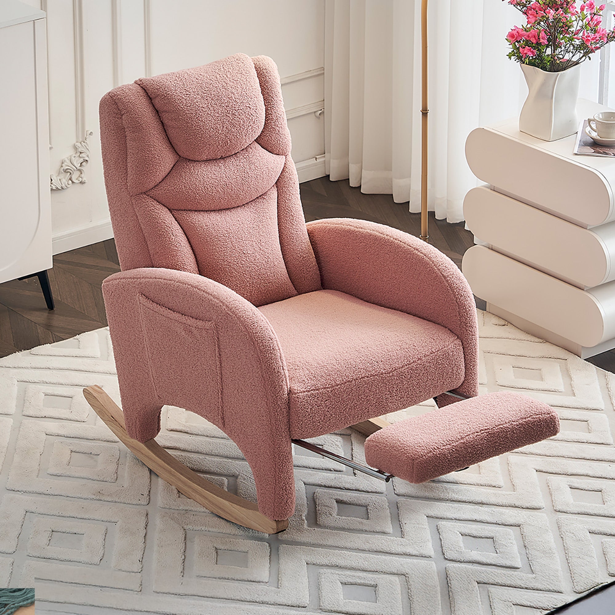 Rocking Chair, Upholstered with Armrest, Accent for Bedroom, Pink Teddy Fabric