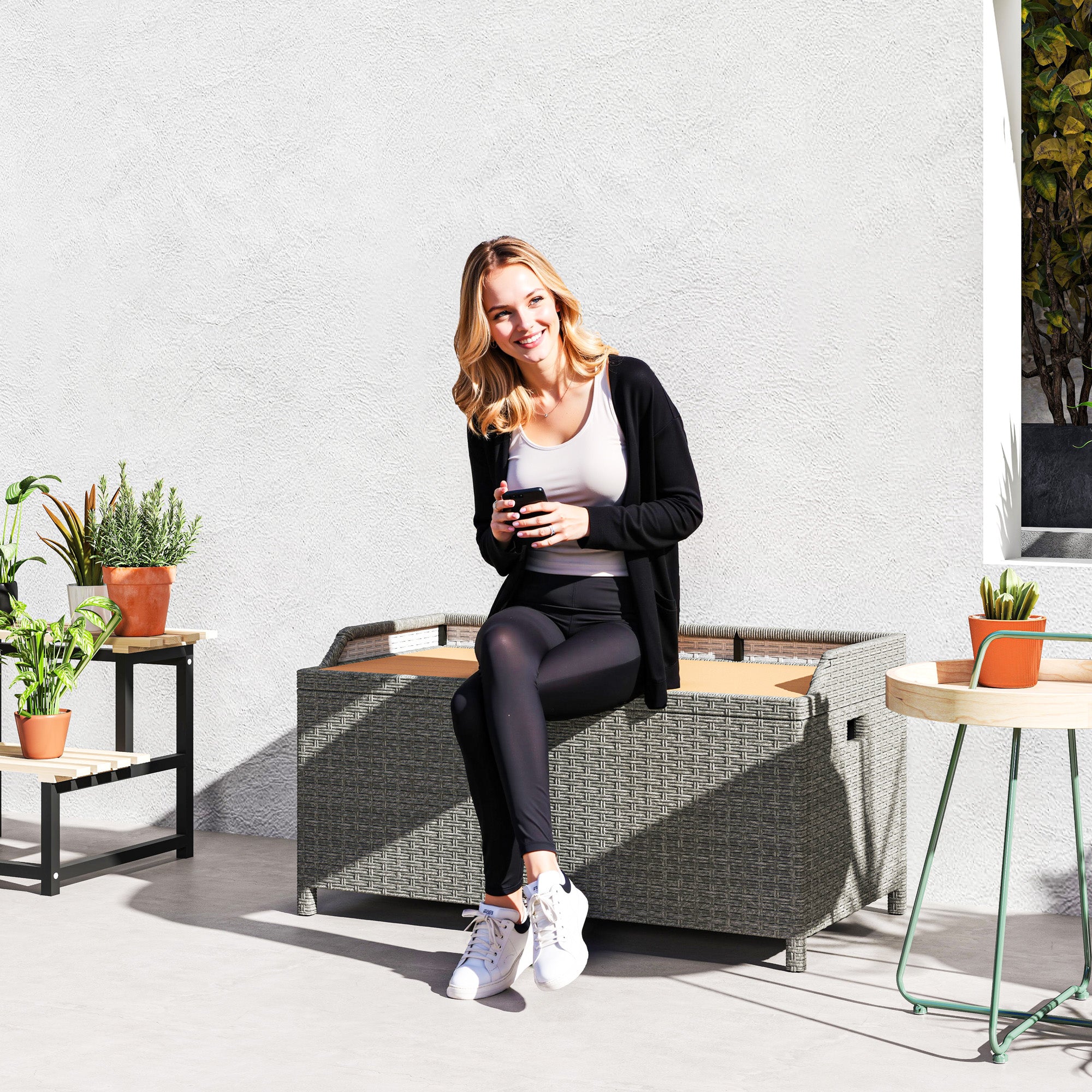130 L Rattan Garden Storage Box with Seat in Grey