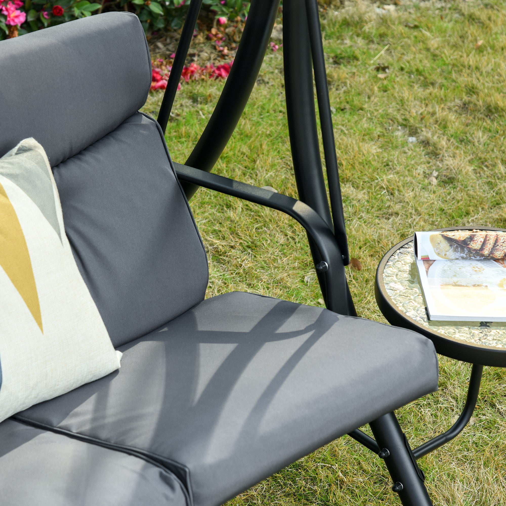 Hollywood Swing 3-Seater with Adjustable Sunshade, Tea Table, Steel Polyester Grey/Black