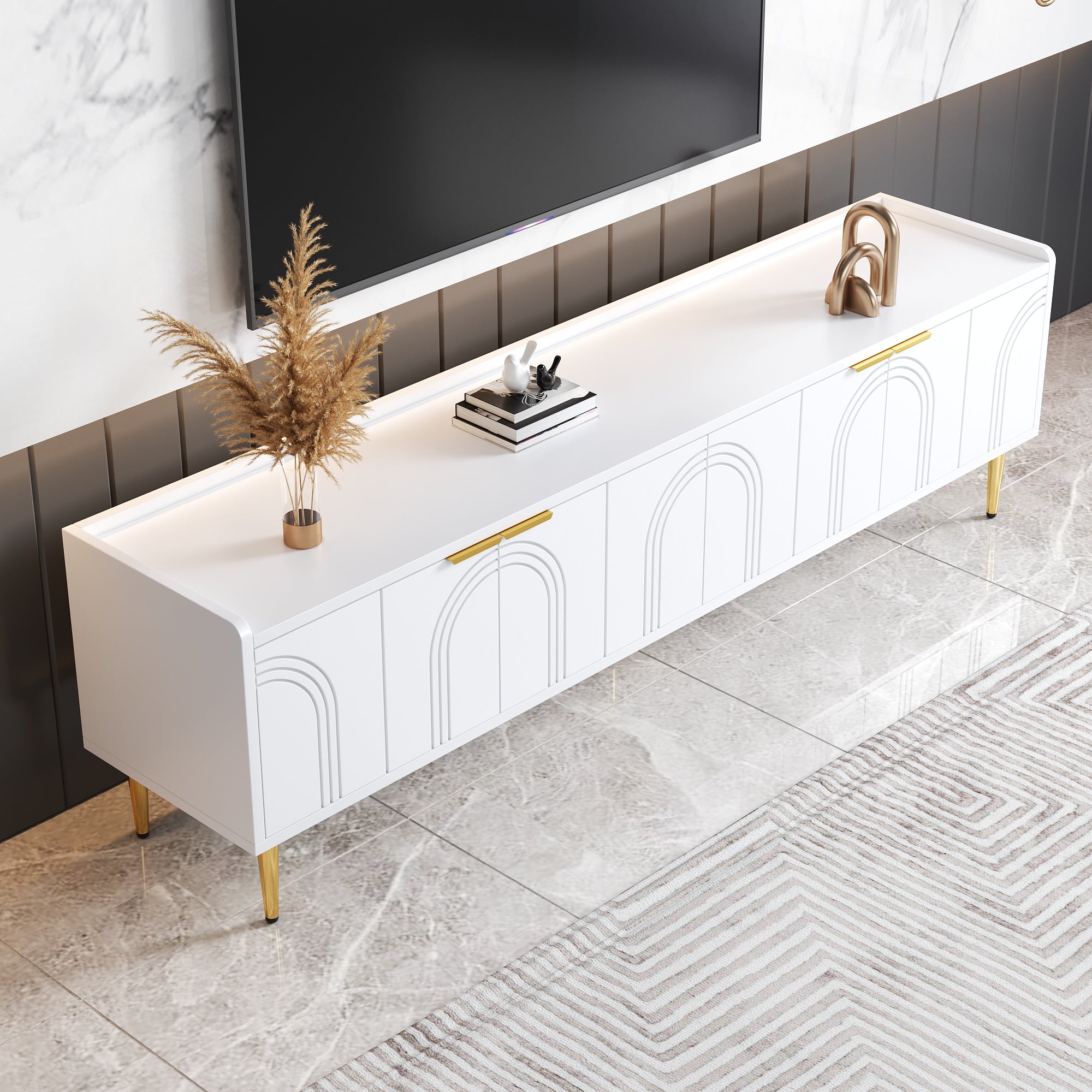 TV Cabinet Lowboard, Textured Door, Gold Handles & Feet, 170cm, White/MDF