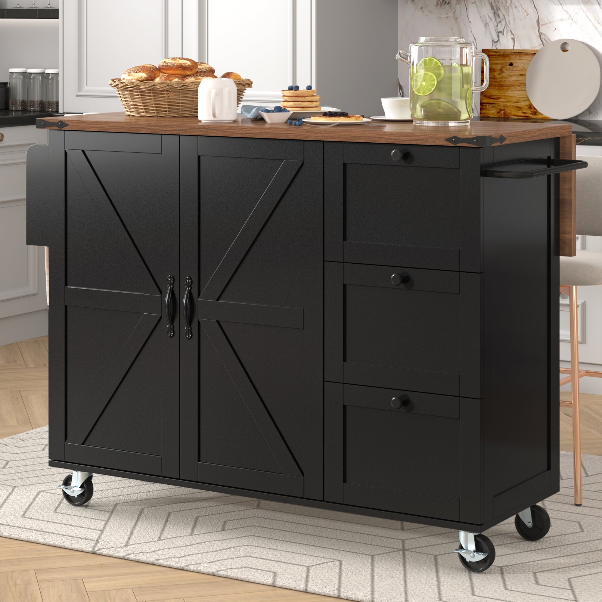 Kitchen Island Trolley with Pull-out Worktop, 2 Doors, 3 Drawers, Wood Grain Black