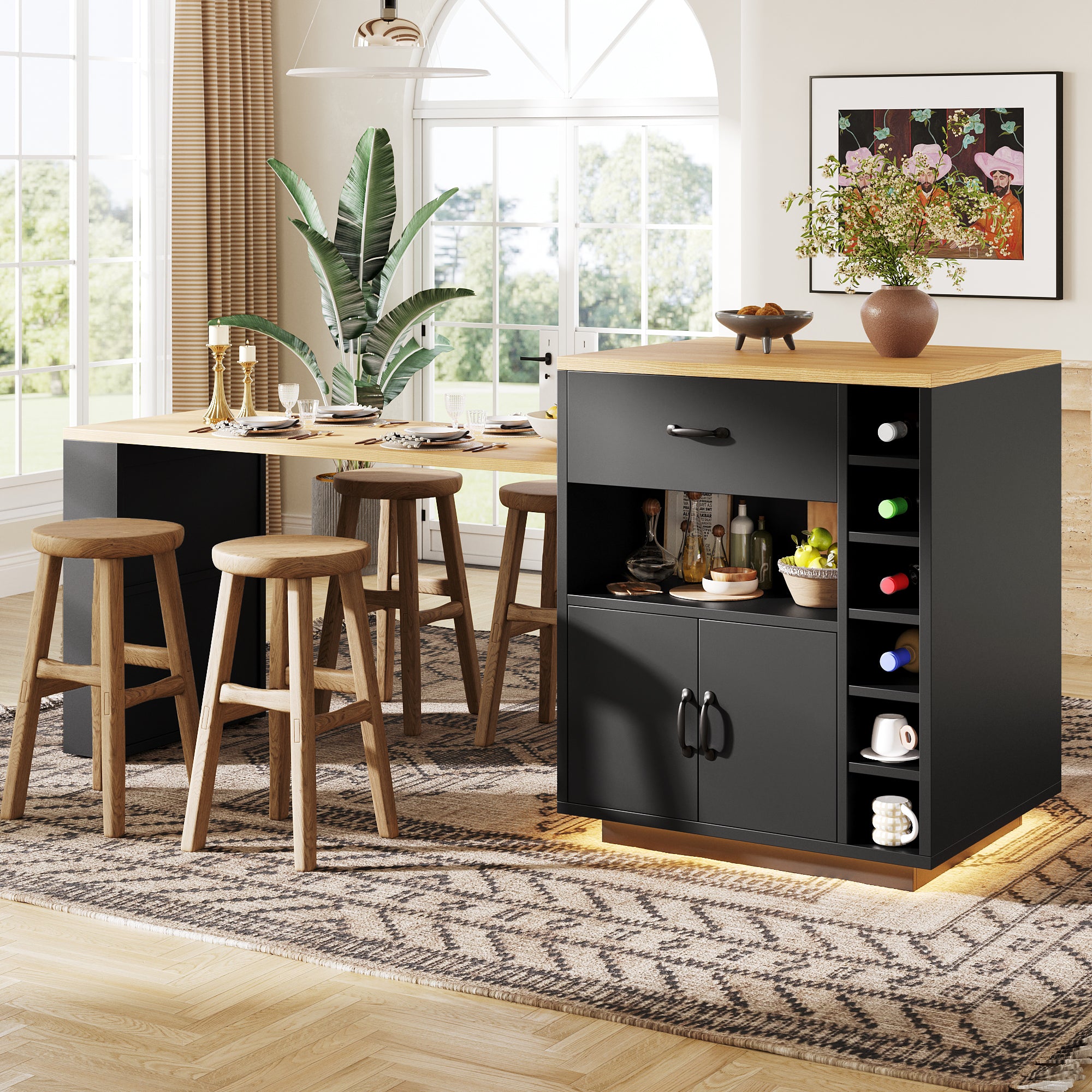 Kitchen Island with Pull-out Table and Storage Drawers, Black and White