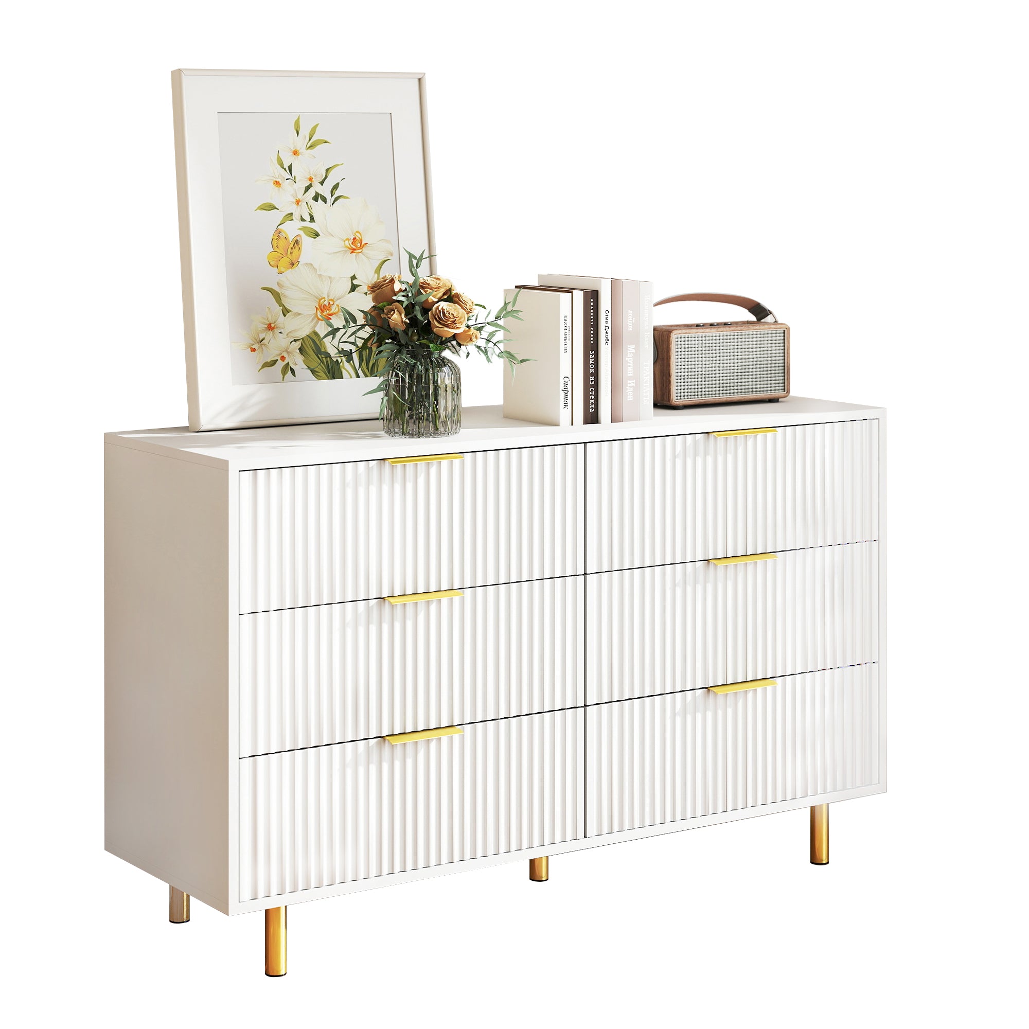 Chest of Drawers Sideboard with 6 Drawers and Modern Design, White and Gold
