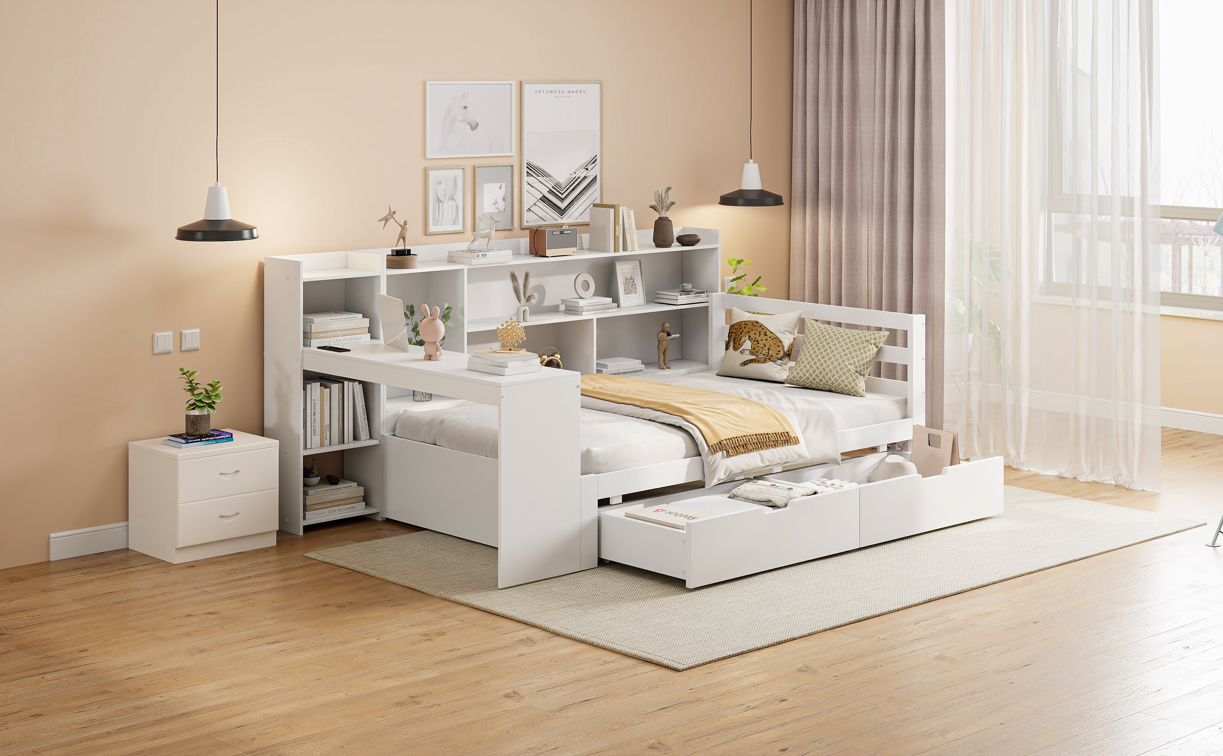 Solid Wood Sofa Bed with Desk, Bookshelf, Storage, Power Outlet - White