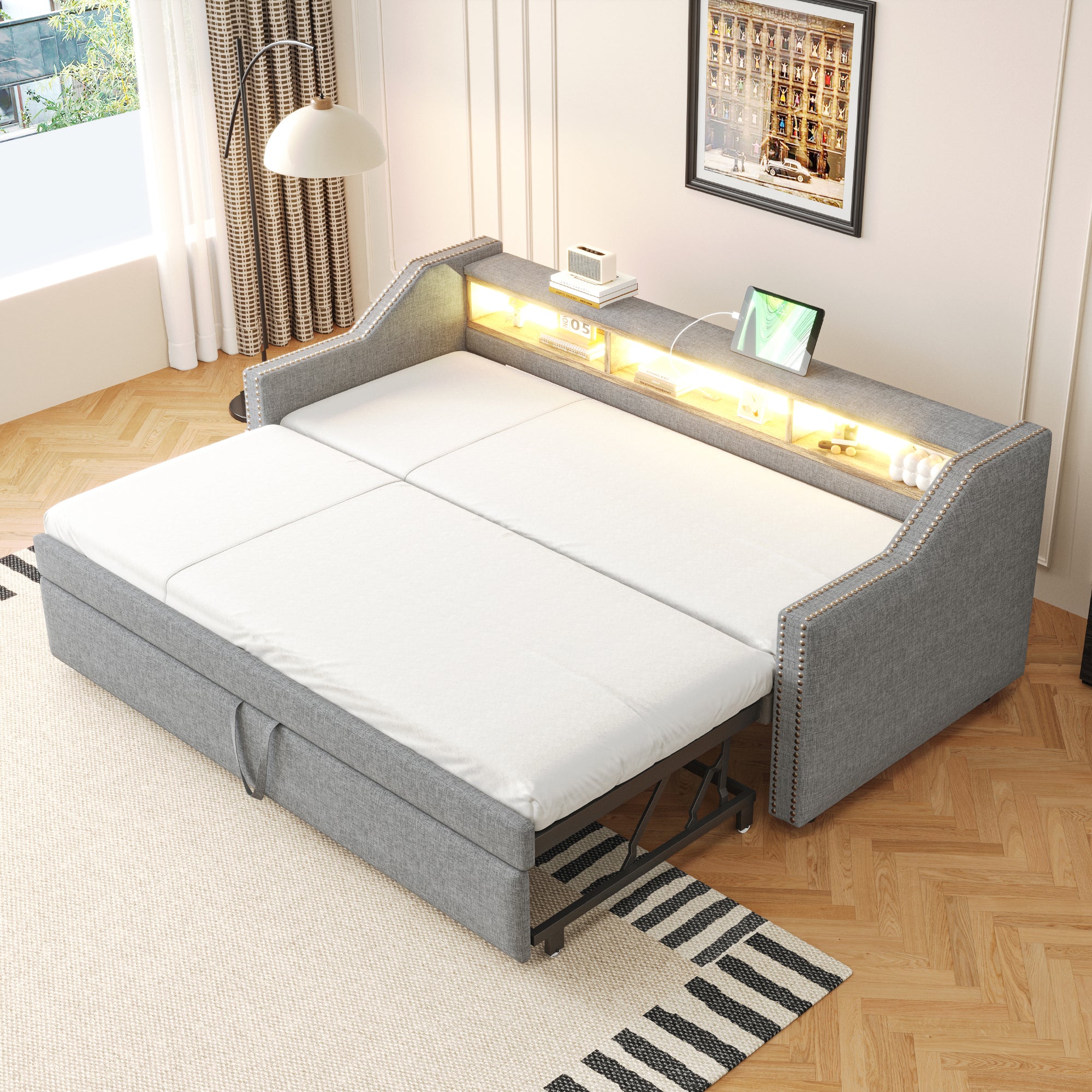 Upholstered Bed Pull-out Sofa Bed 90/180 x 190 cm with Storage, LED, USB, Slatted Frame, Light Grey