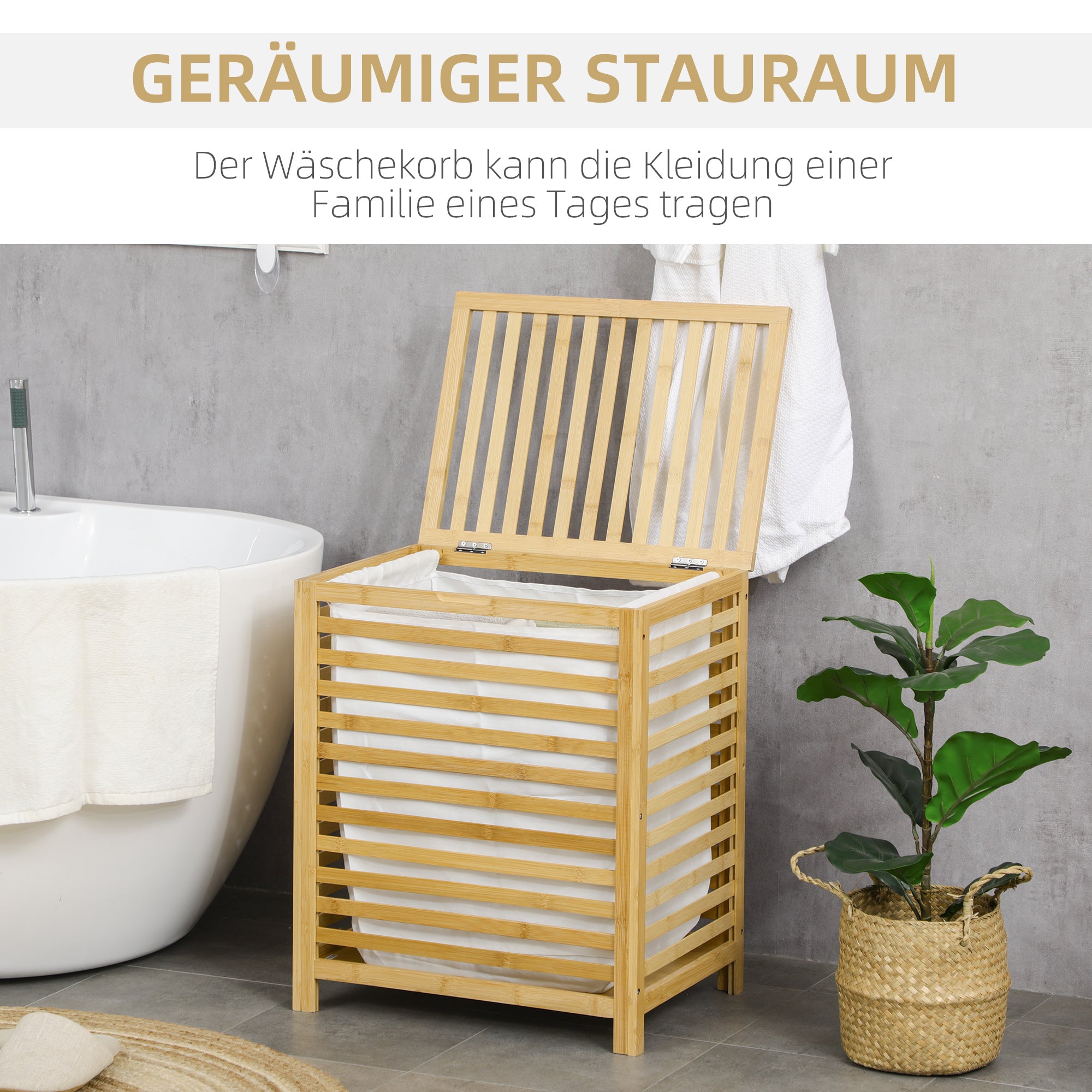 Laundry Basket 55L with Lid and Removable Bag, Bamboo