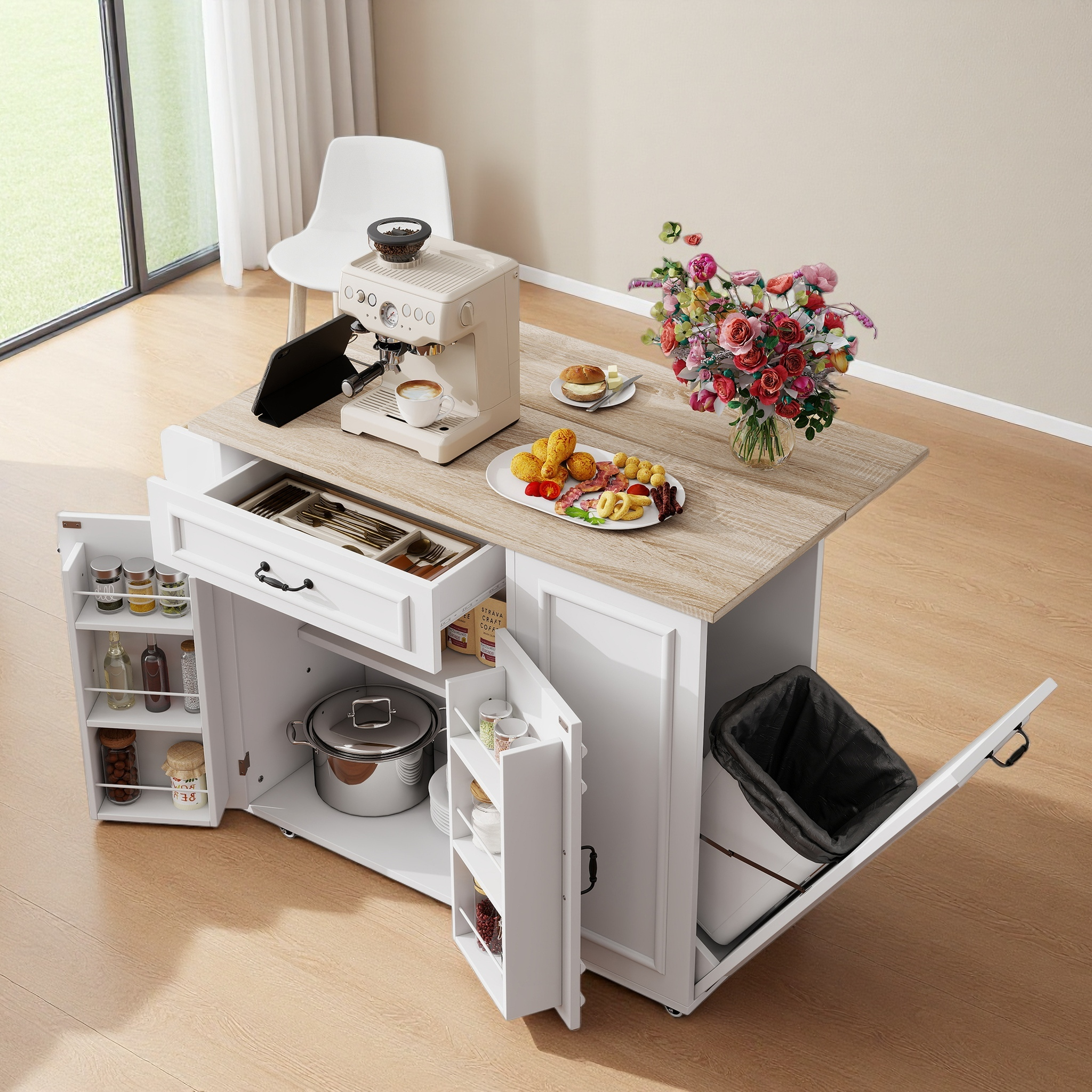 Kitchen Island with Power Outlet, Storage & Work Surface - White