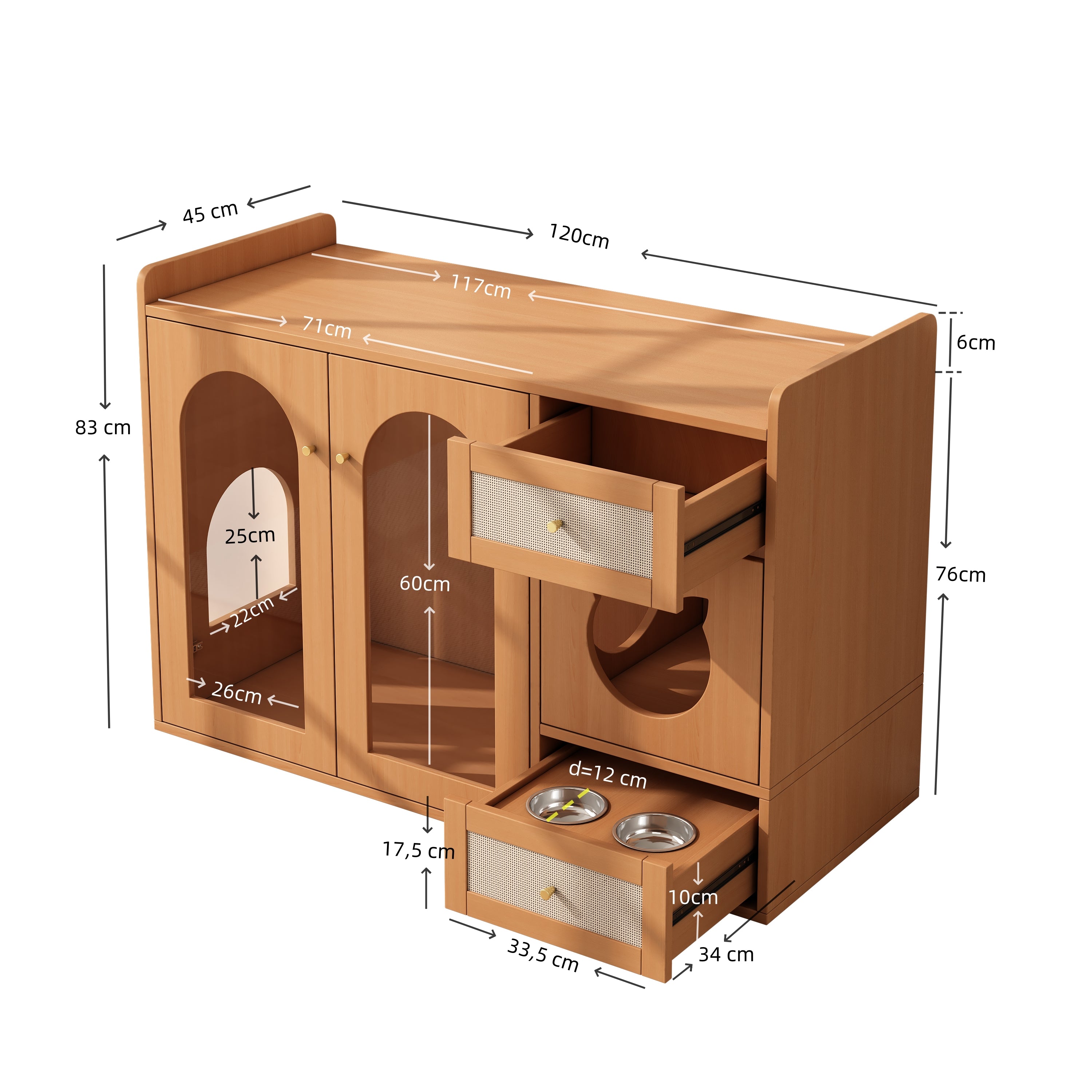 Cat House Litter Box Cabinet Multi-purpose with Food Bowls and Storage, Walnut Color