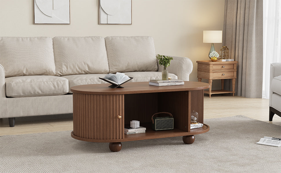 Oval Coffee Table with Sliding Doors and Storage, Oak MDF