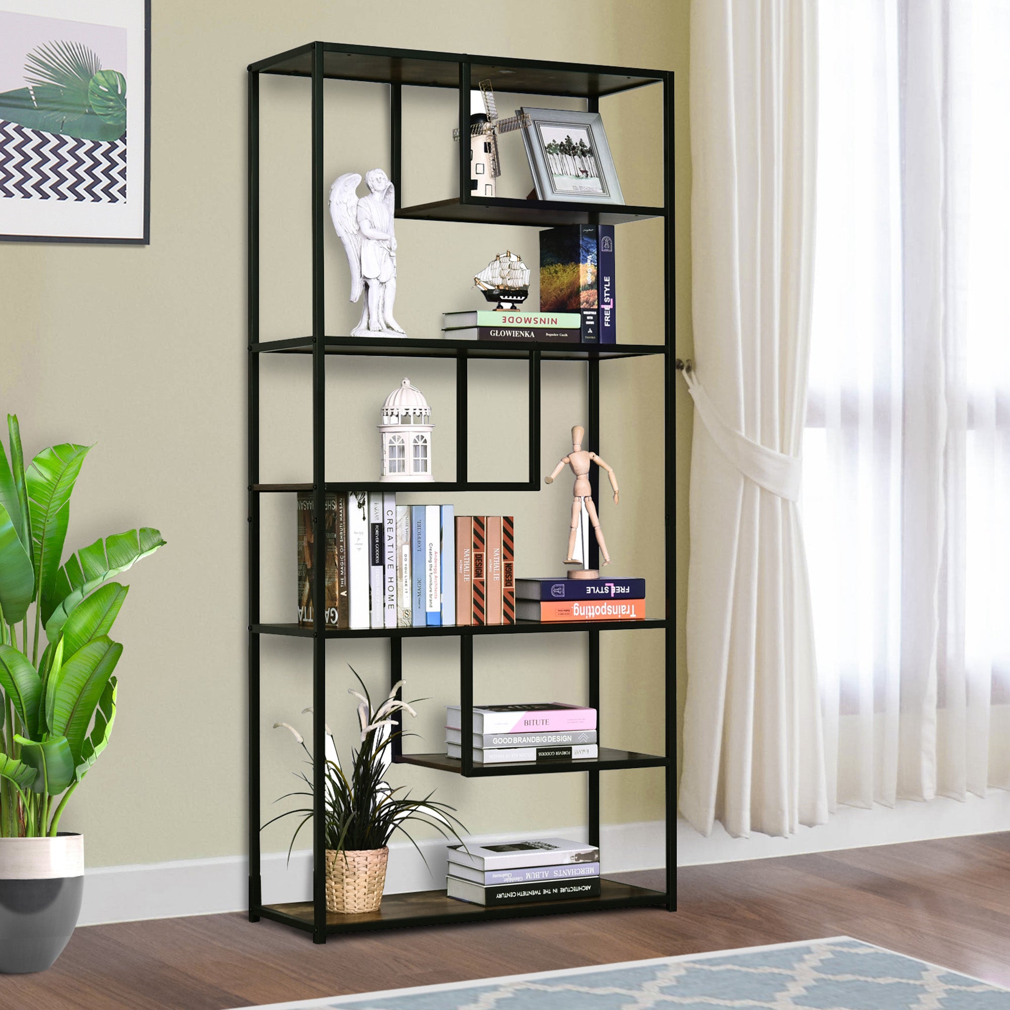 6 Tier Bookcase Industrial Tall Shelf Unit Steel Frame Rustic Brown and Black