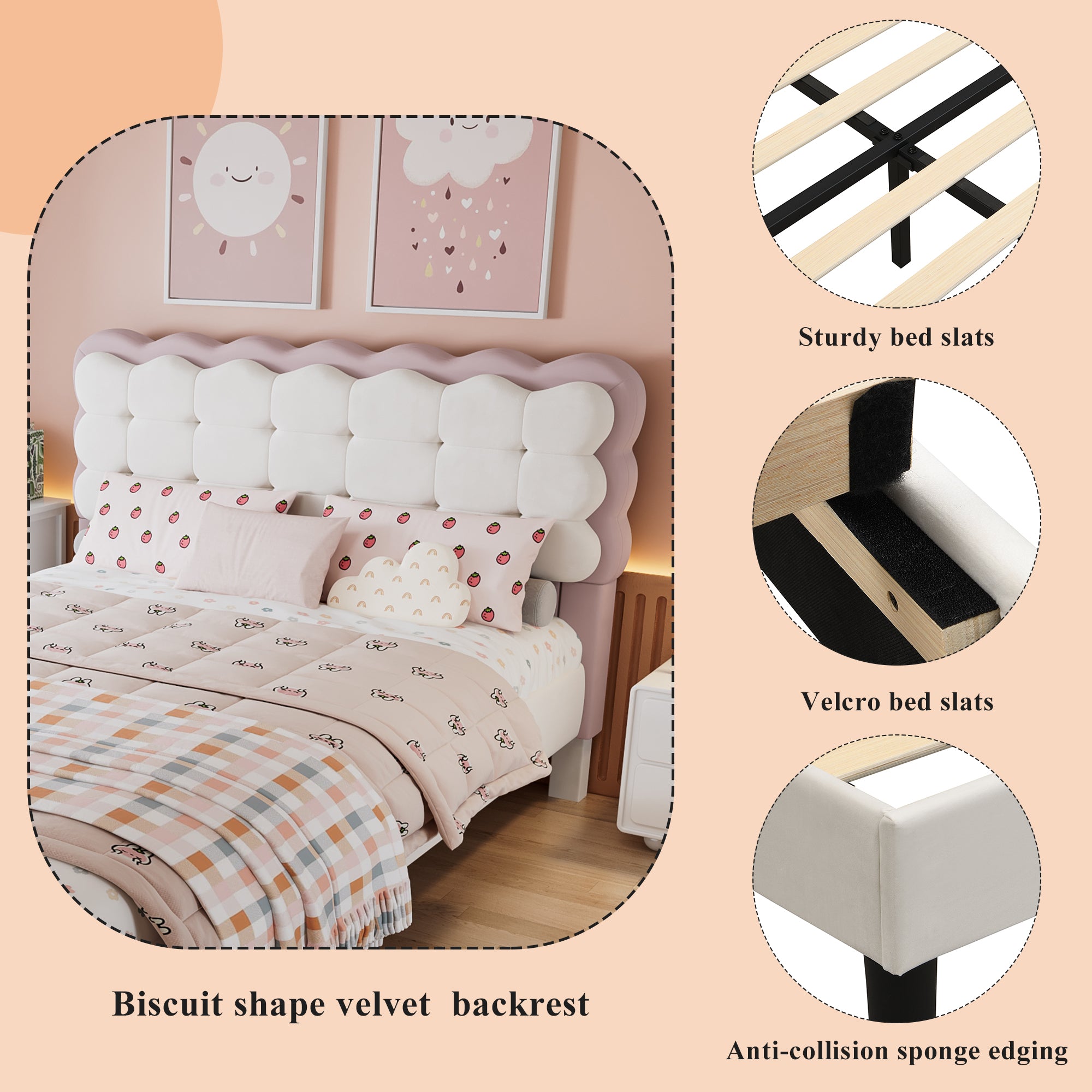 Upholstered Bed, Biscuit Shape Velvet Backrest, 4ft6 Double, Beige+Pink