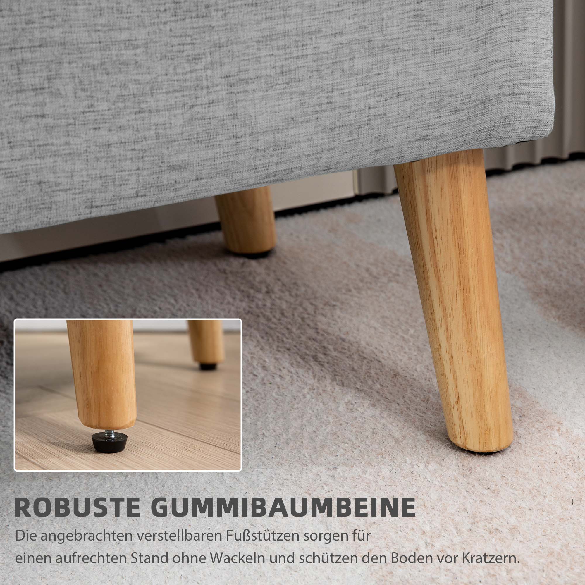 Upholstered bench with storage, 110 x 39 x 45 cm, grey linen look, rubber wood