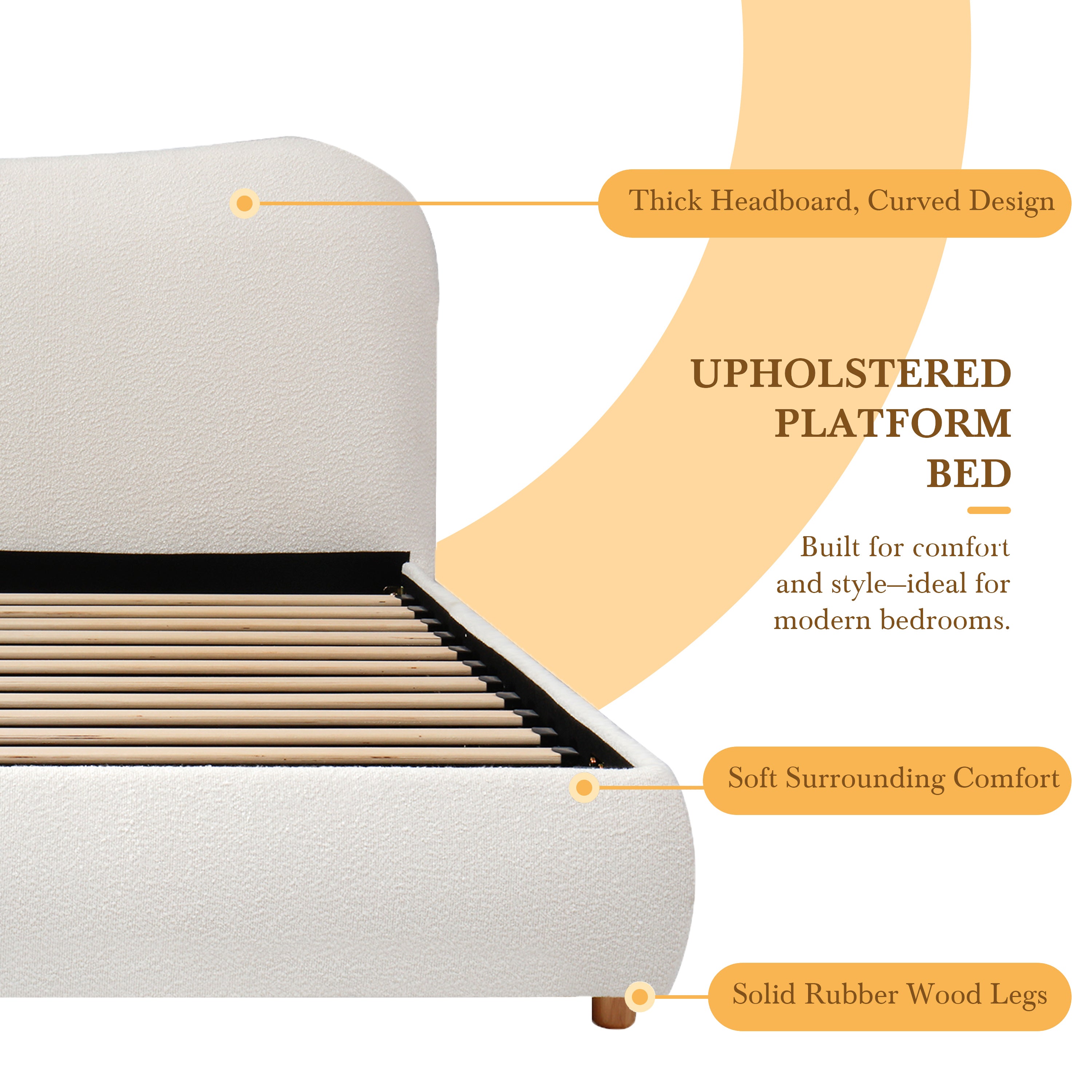 Ottoman Storage Bed Frame 5ft 150x200cm Upholstered Curved Headboard Boucle Warm White