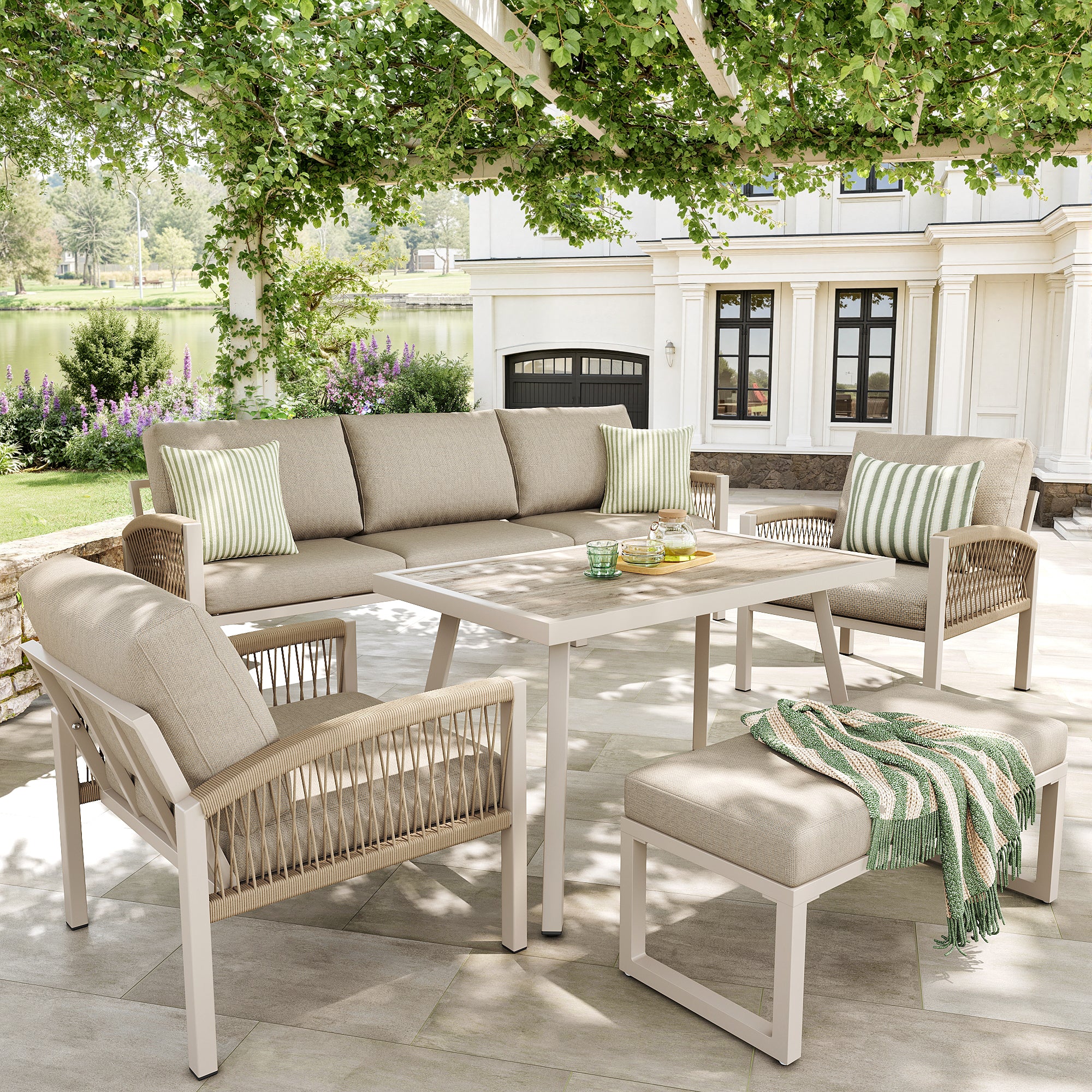 Handwoven Garden Sofa Set 7-Seater with Table 2 Armchairs Weatherproof - Beige/Iron Frame