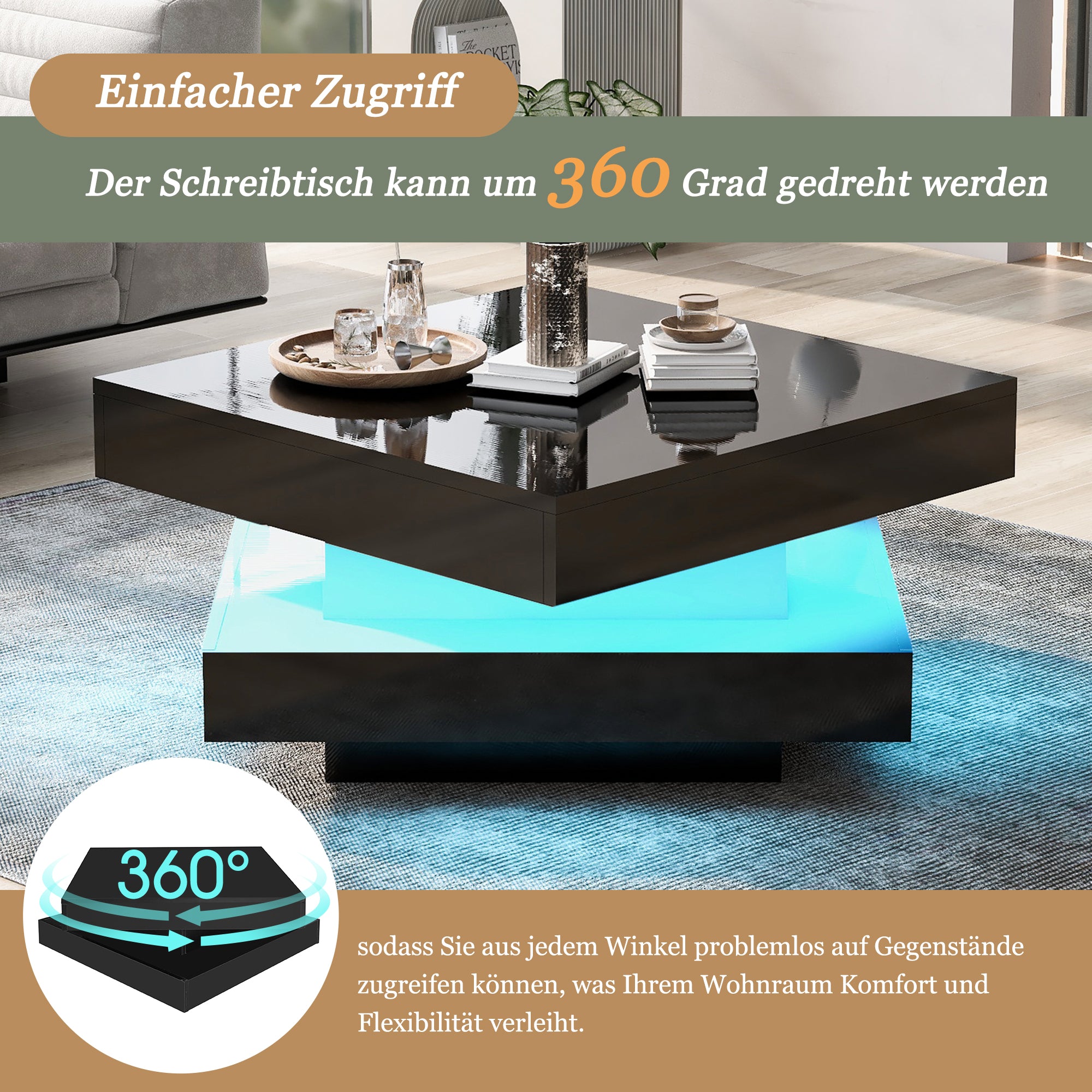 Square Coffee Table Rotating Top 16 LED Lights - High-Gloss Black