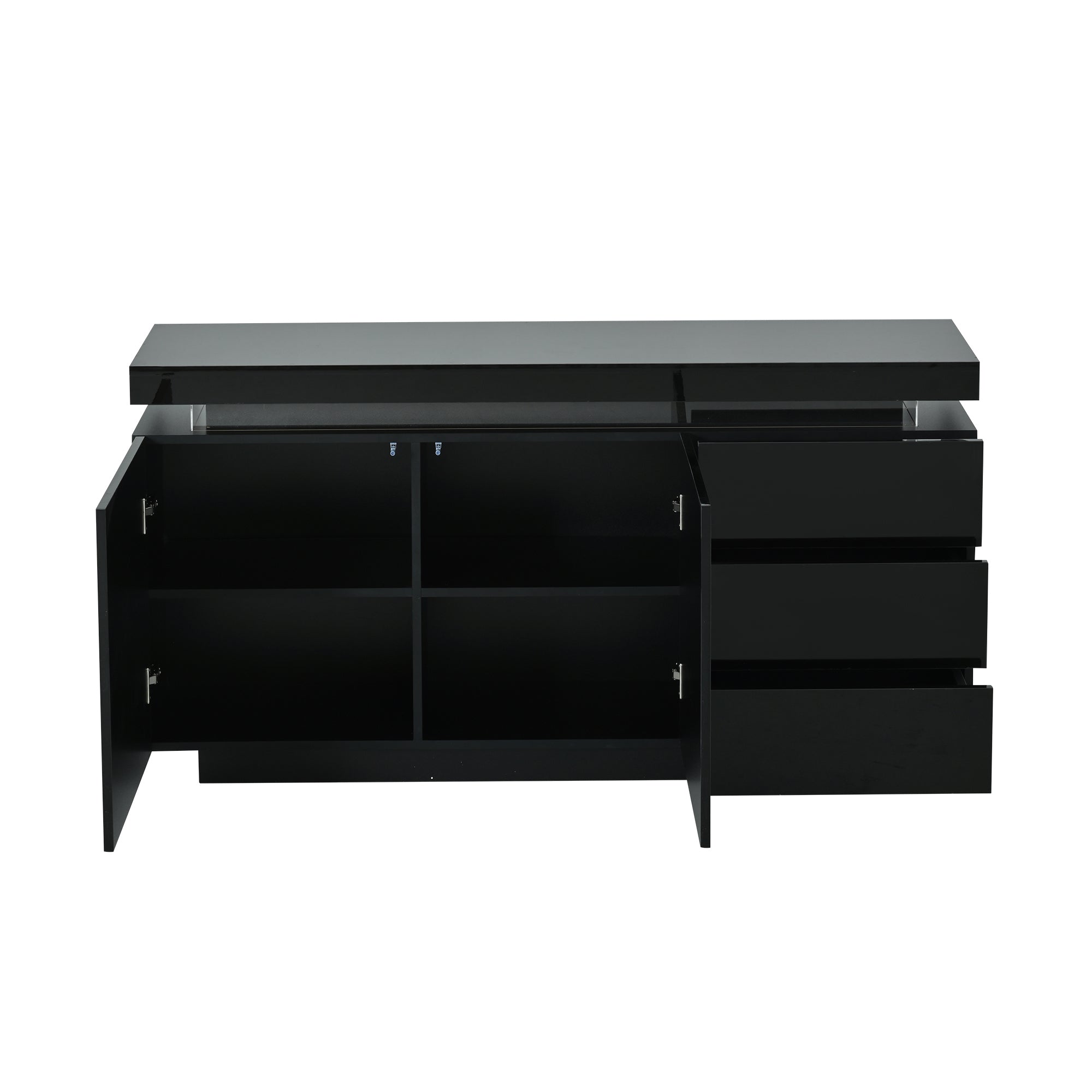 Modern Sideboard Cabinet High-Gloss LED Handleless 2 Doors 3 Drawers 140cm - Black