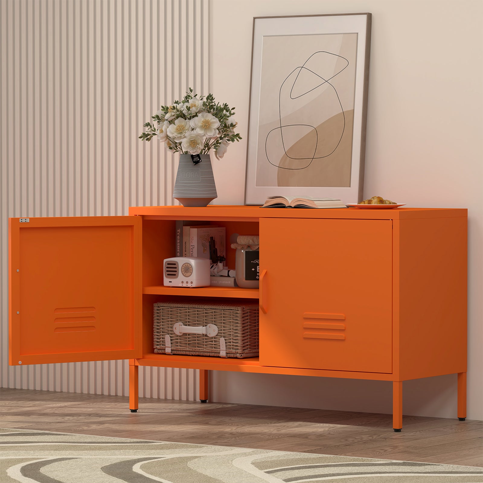 Locker Cabinet Metal Storage TV Stand with 2 Doors Orange