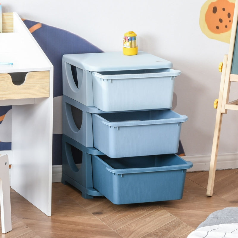 Kids' Storage Boxes, 3 Drawers, Rounded Edges, Blue