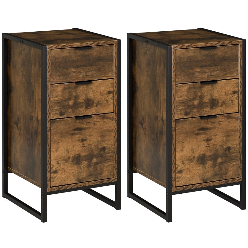 Bedroom Chest of Drawers Set of 2, 3-Drawer Storage Unit with Metal Frame, Rustic Brown