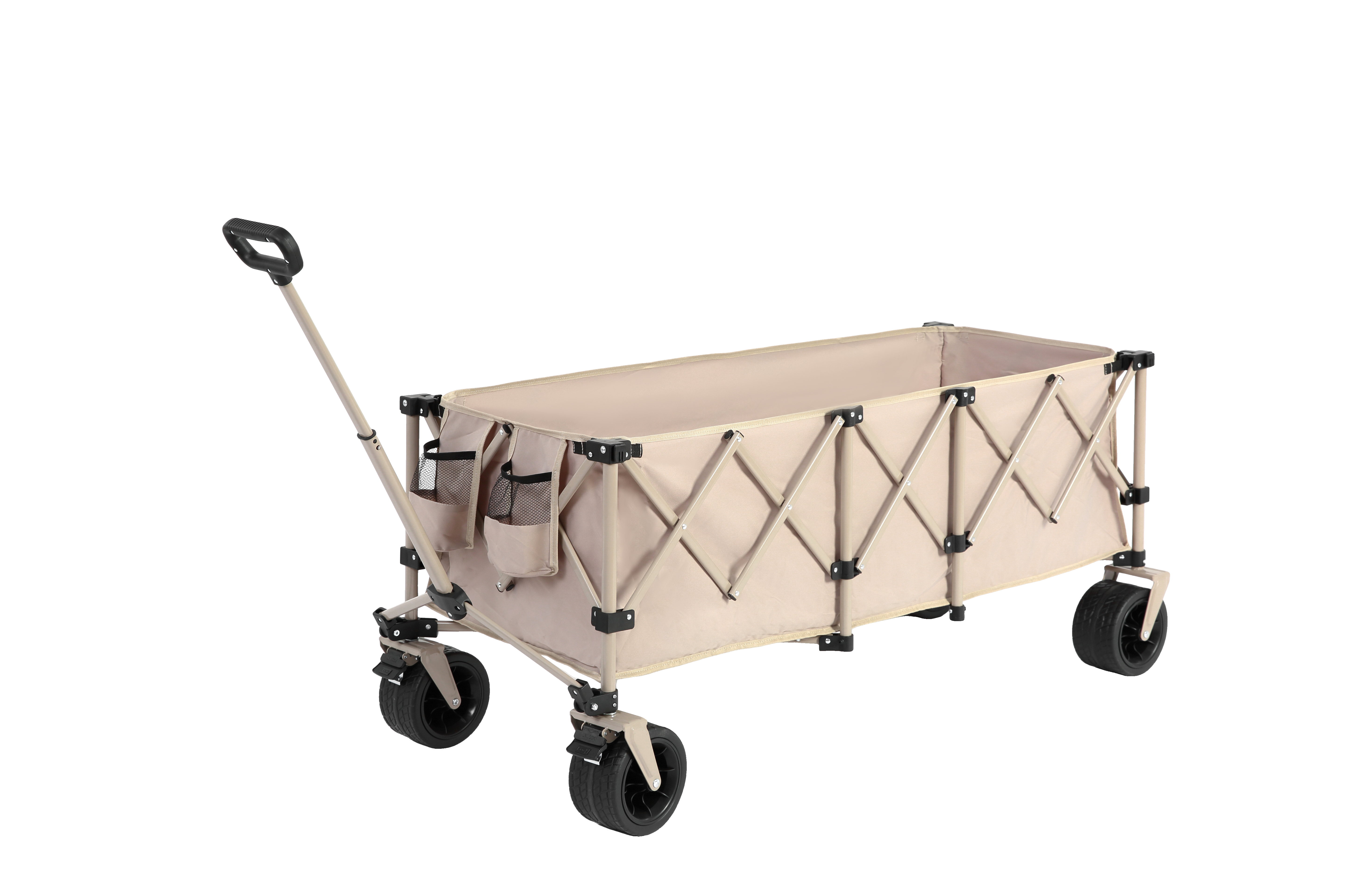 Foldable Extended Wagon, 220lbs Capacity, 300L Utility Cart, All-Terrain Wheels, Drink Holders, Beige