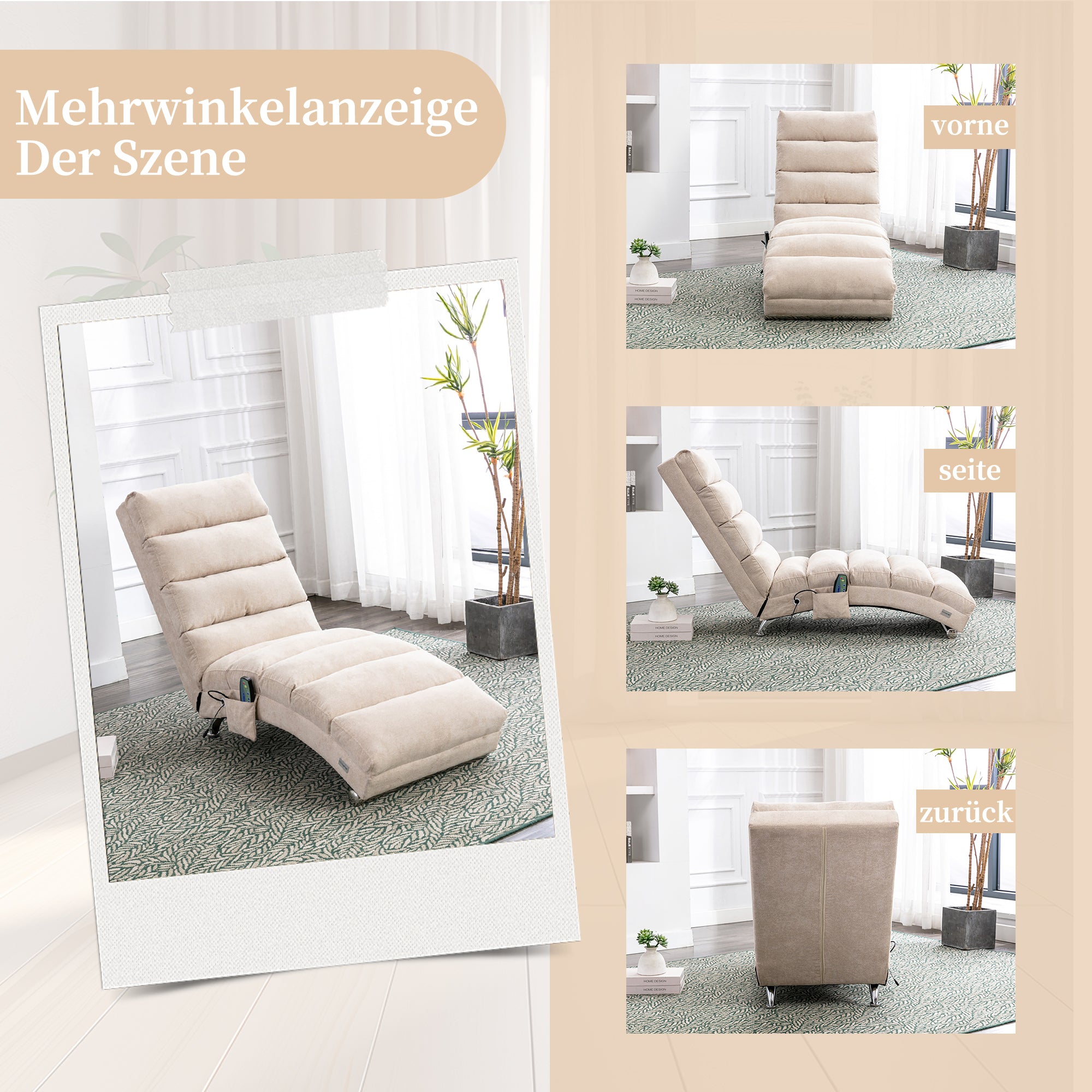 Relaxation Lounger, Fixed Reclining Sofa with Vibration and Side Pockets, Modern Furniture