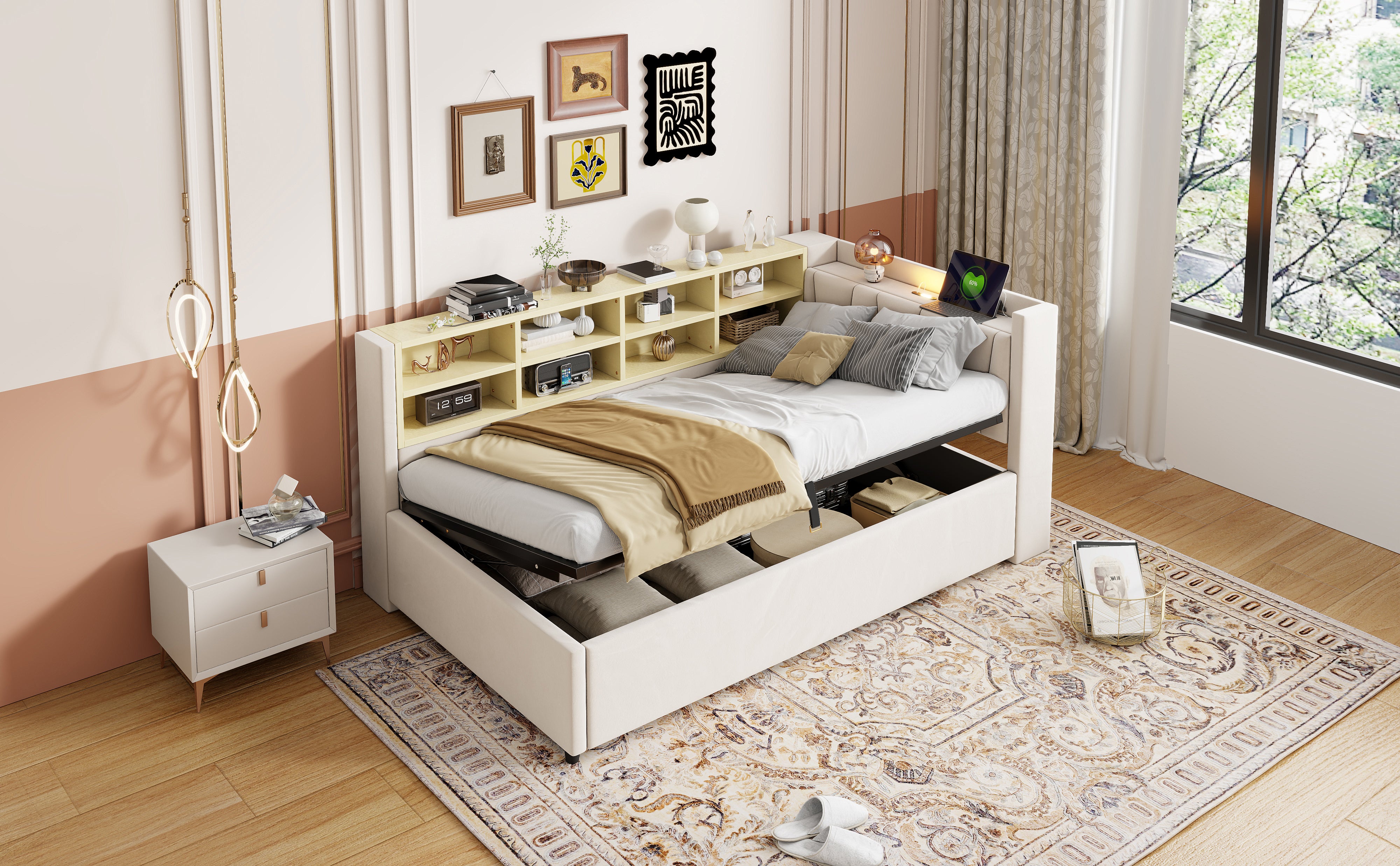 Sofa Bed, 90x200cm, Hydraulic Storage, Night Light, USB/Type-C, Velvet Beige
