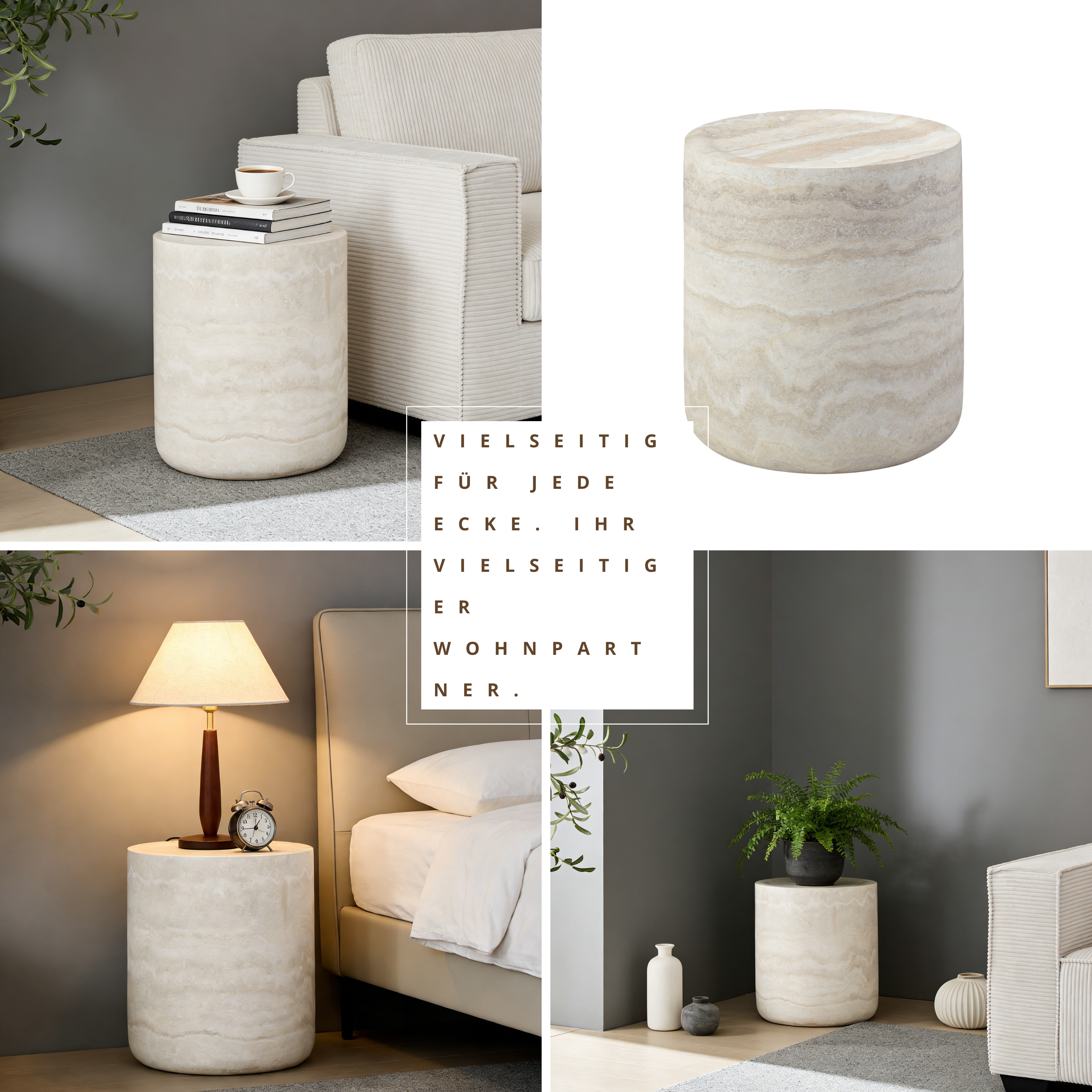 Side Table - Compact Textured Cylinder 40x40x45cm - Off-White Fiberglass