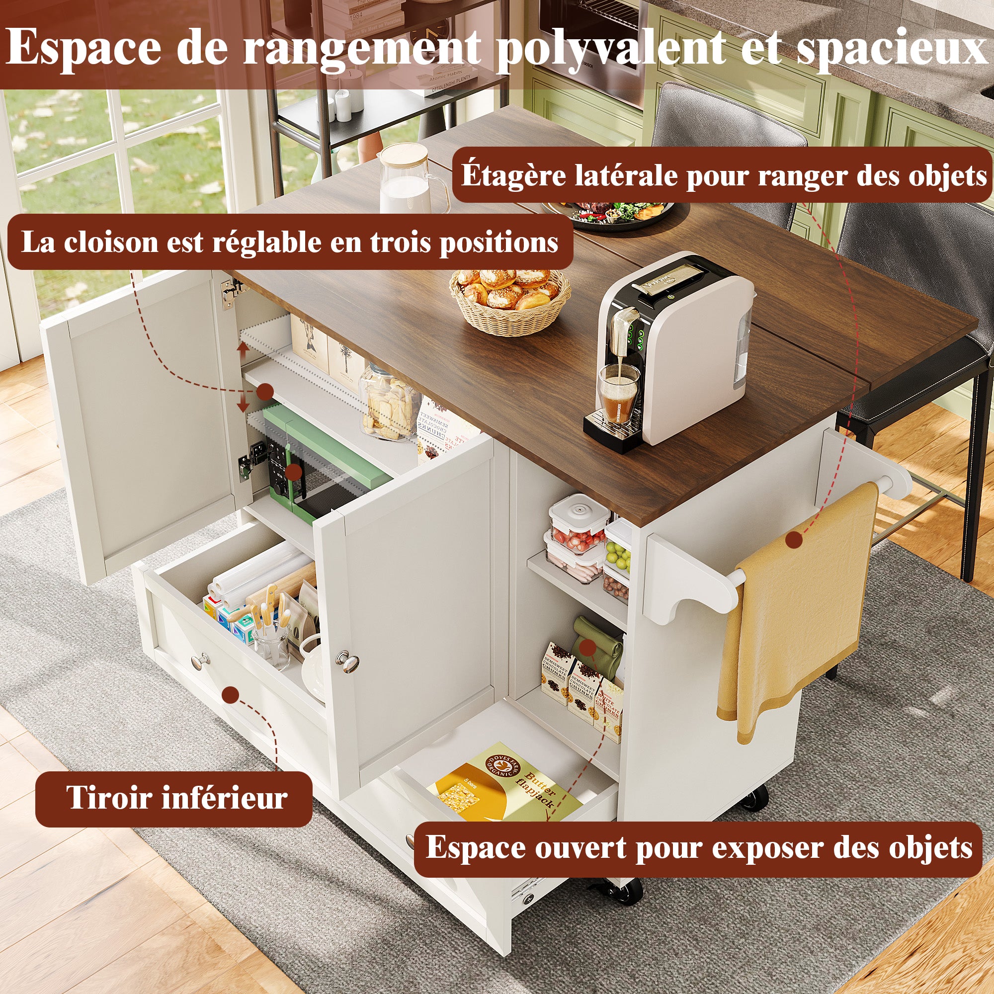 Kitchen Trolley, Removable Dining with Open Storage & Towel Rail, White Wood Grain