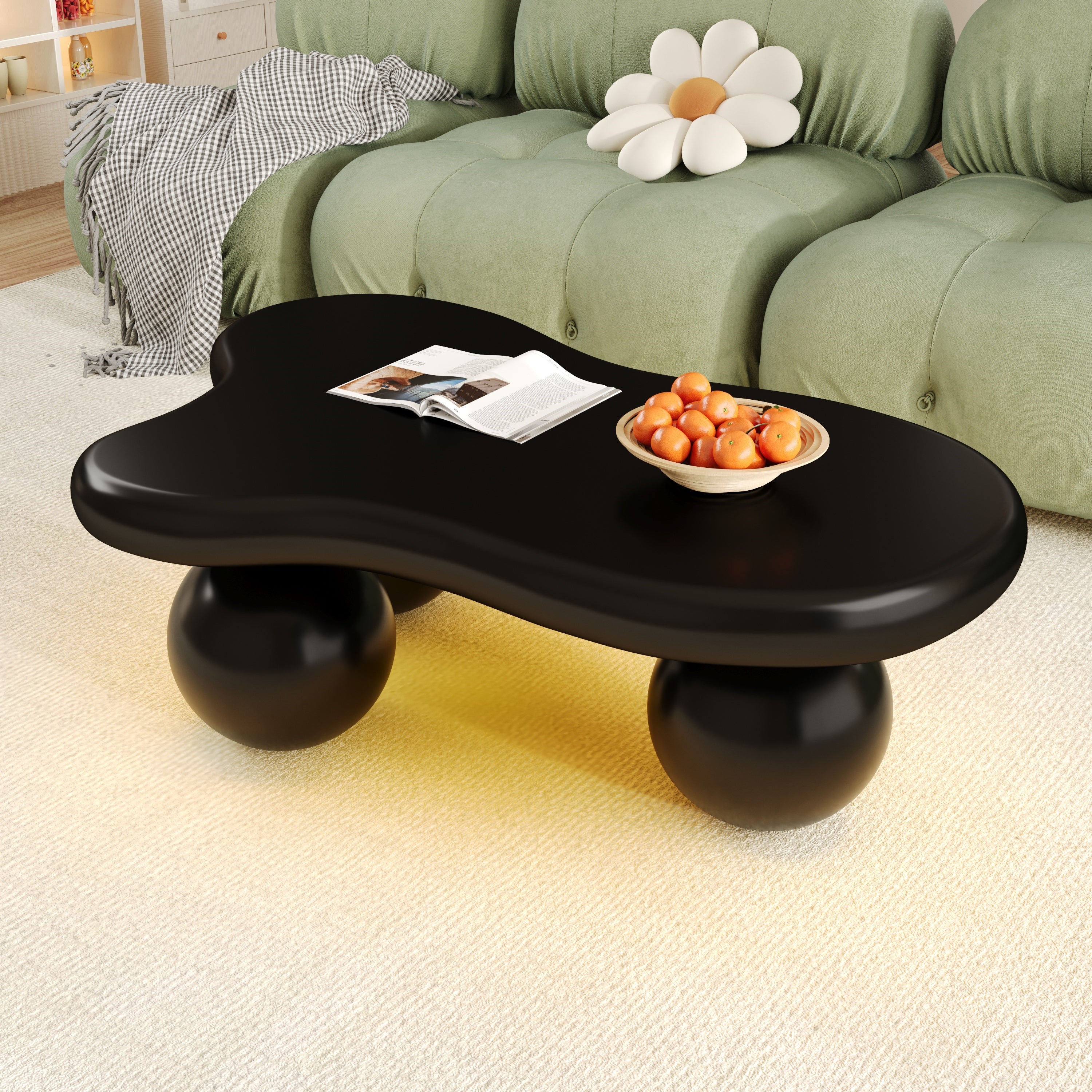 Coffee Table, Cloud-Shaped with LED Lighting & Round Legs, Black