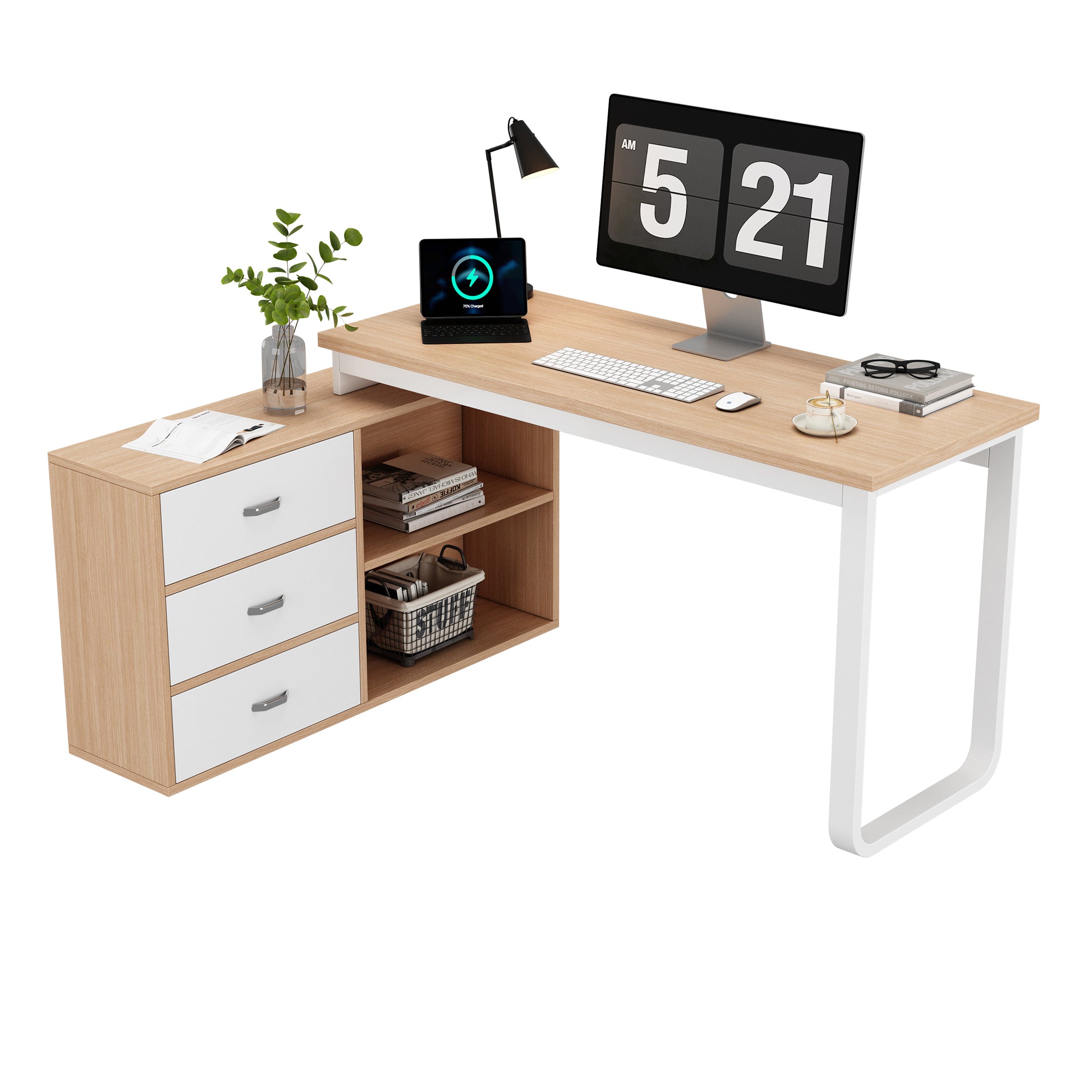 Simple Desk/Office Desk, Three Drawers, Two Open Storage, Natural