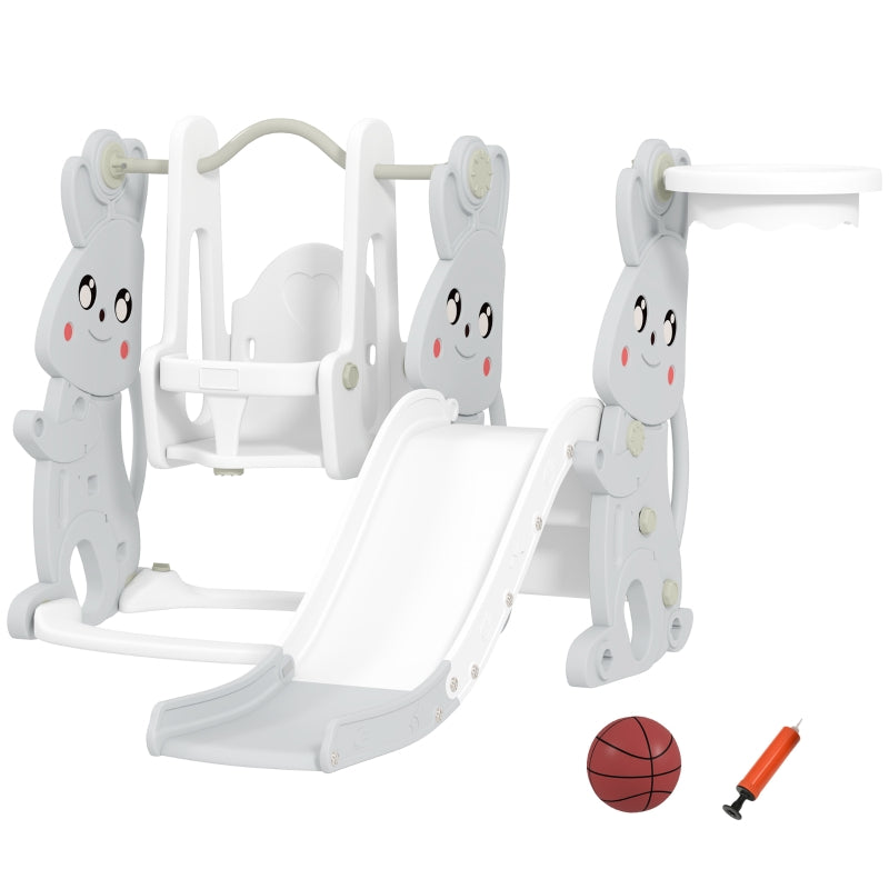 AIYAPLAY 4-in-1 children's slide with swing, climbing frame, basketball hoop, gray