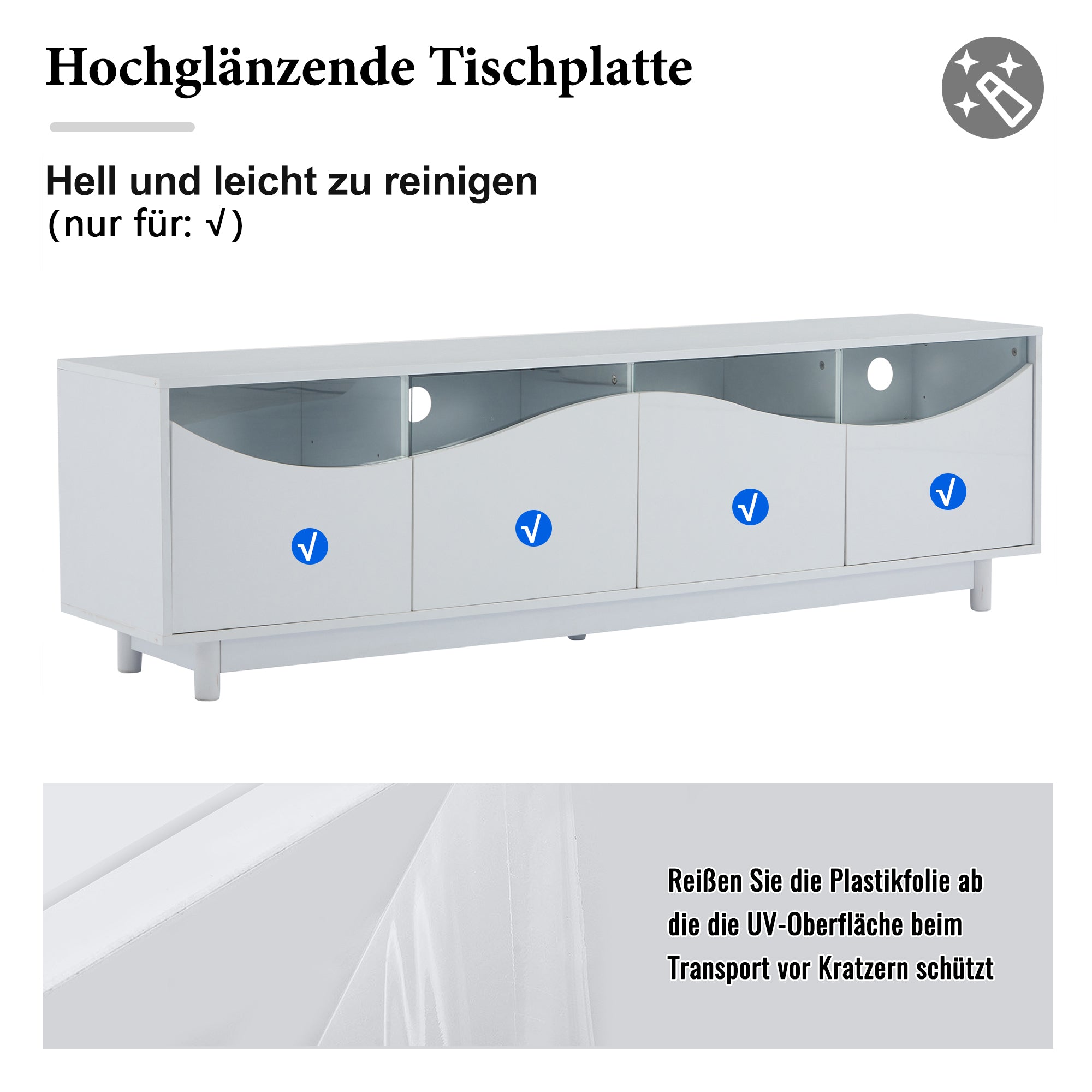 TV Cabinet, Curved High-Gloss with Tempered Glass Door & LED Lighting, White